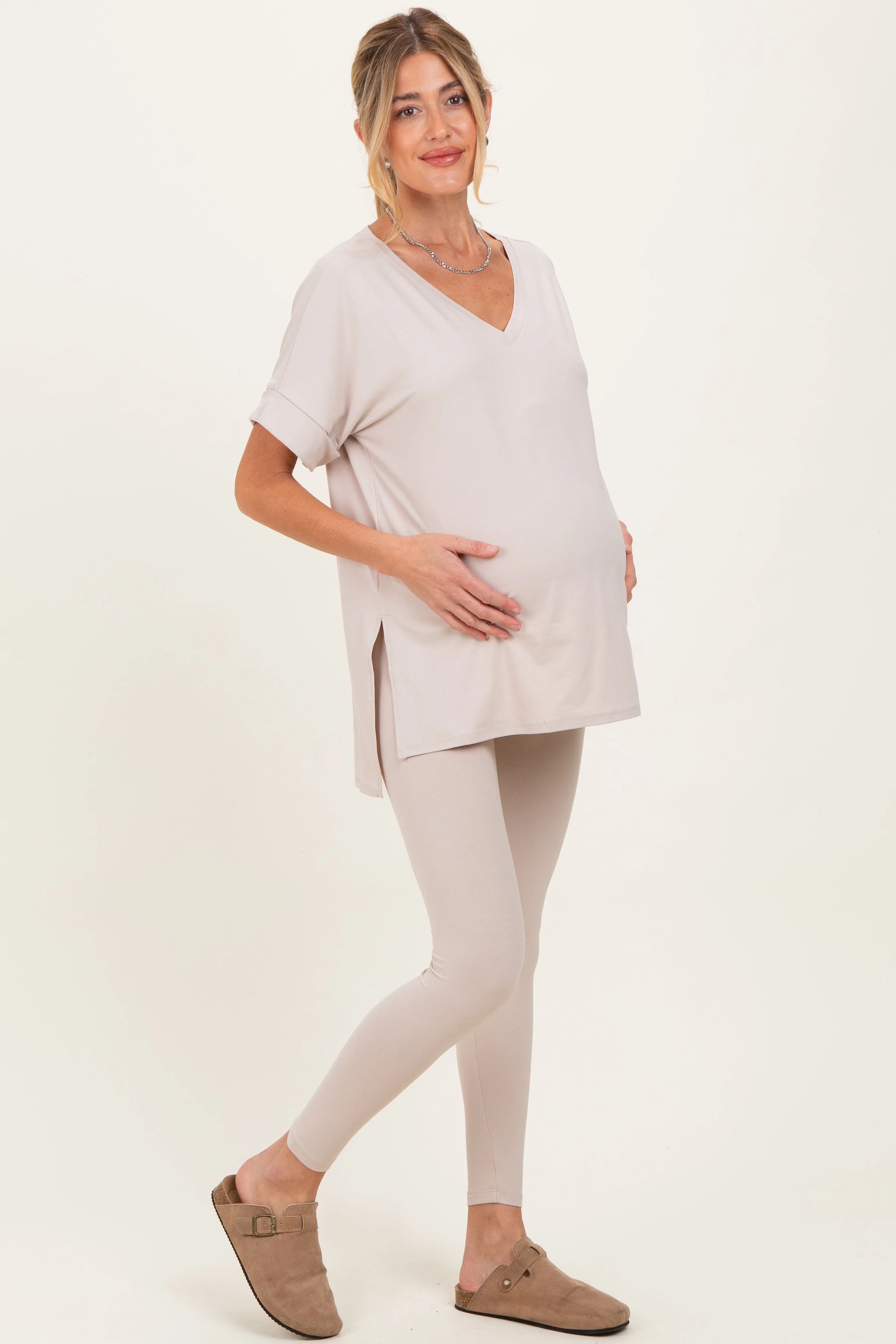 Sand Oversized V-Neck Tee Legging Maternity Lounge Set sold by Pinkblush product image thumbnail 3
