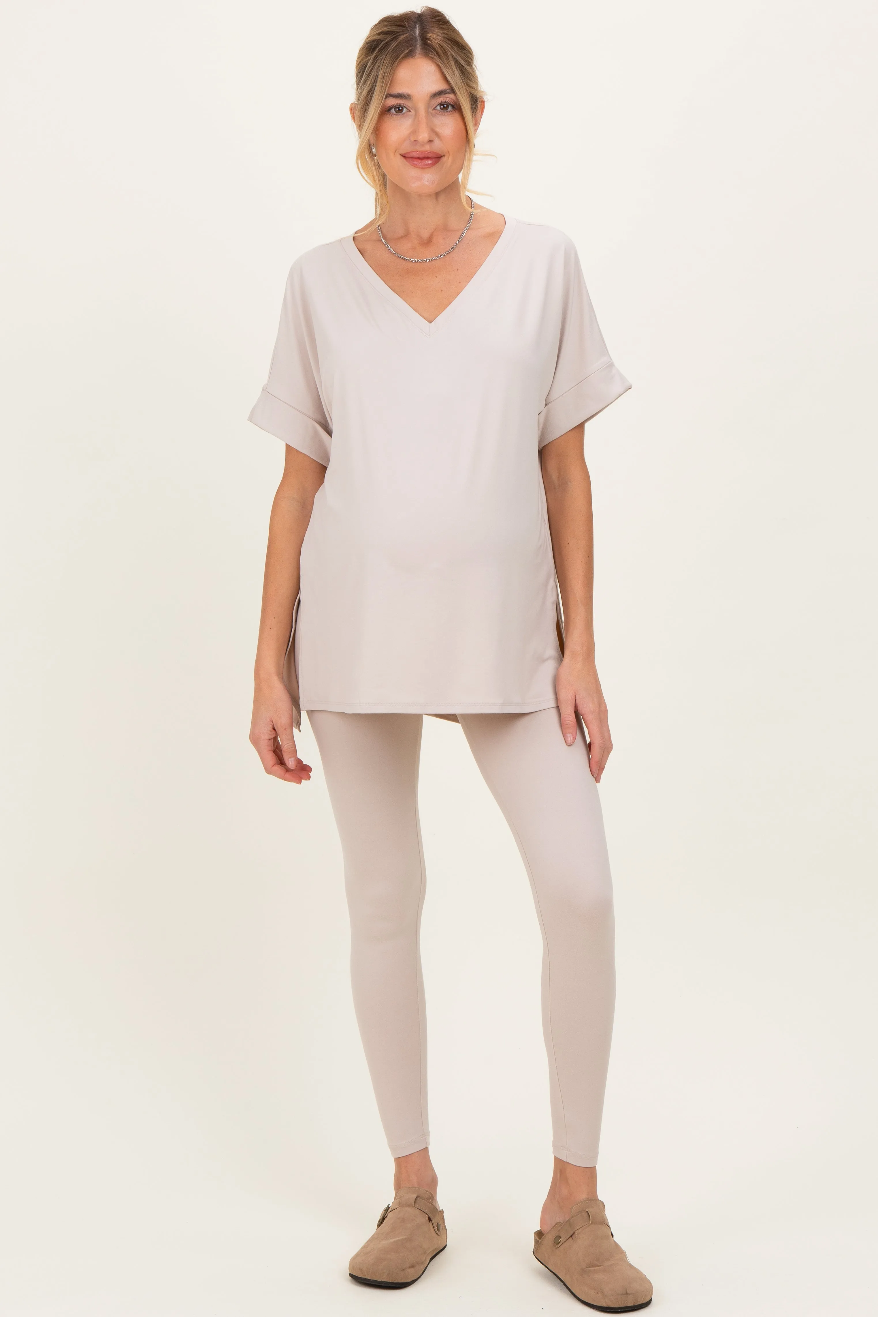 Sand Oversized V-Neck Tee Legging Maternity Lounge Set sold by Pinkblush