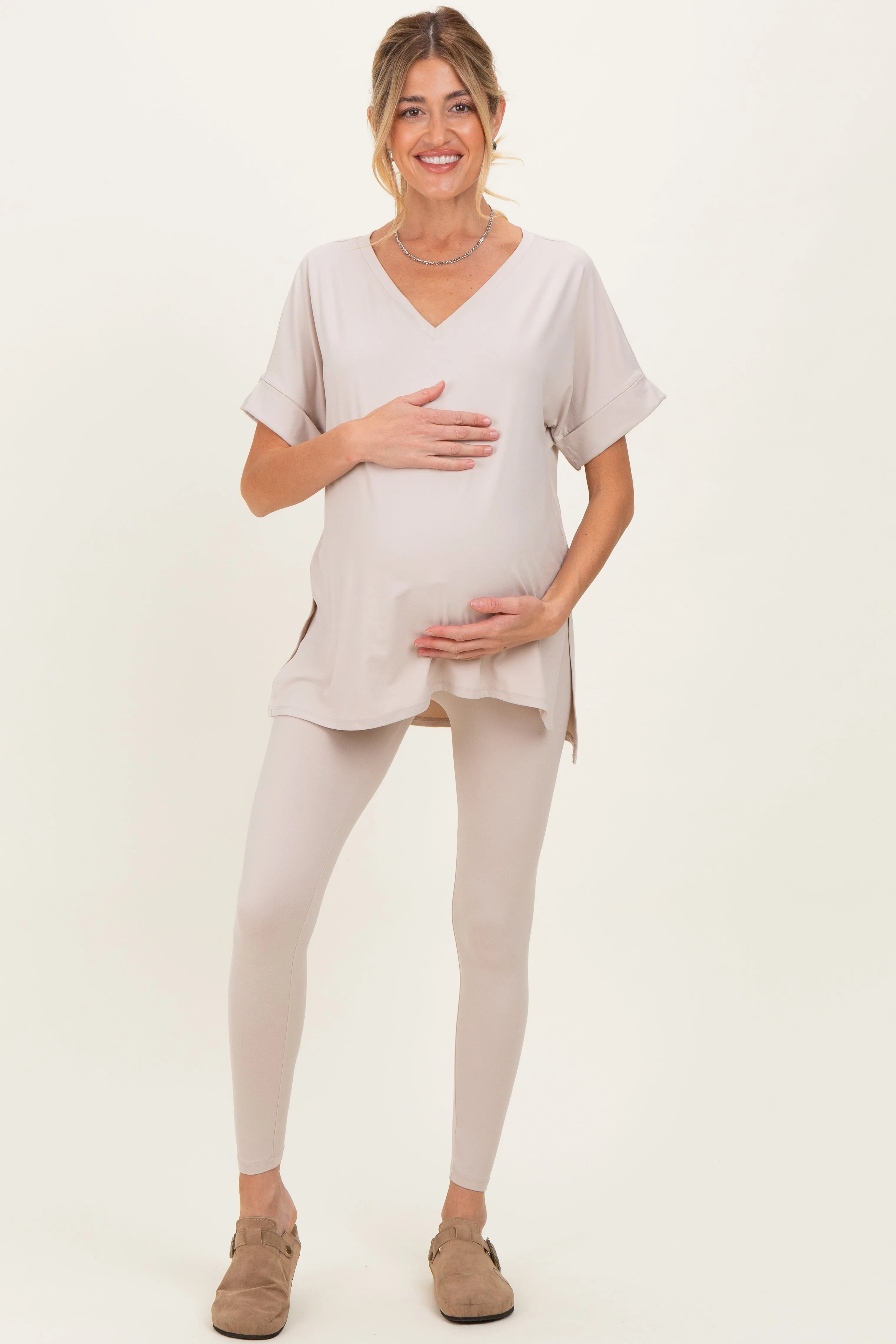 Sand Oversized V-Neck Tee Legging Maternity Lounge Set sold by Pinkblush product image thumbnail 2