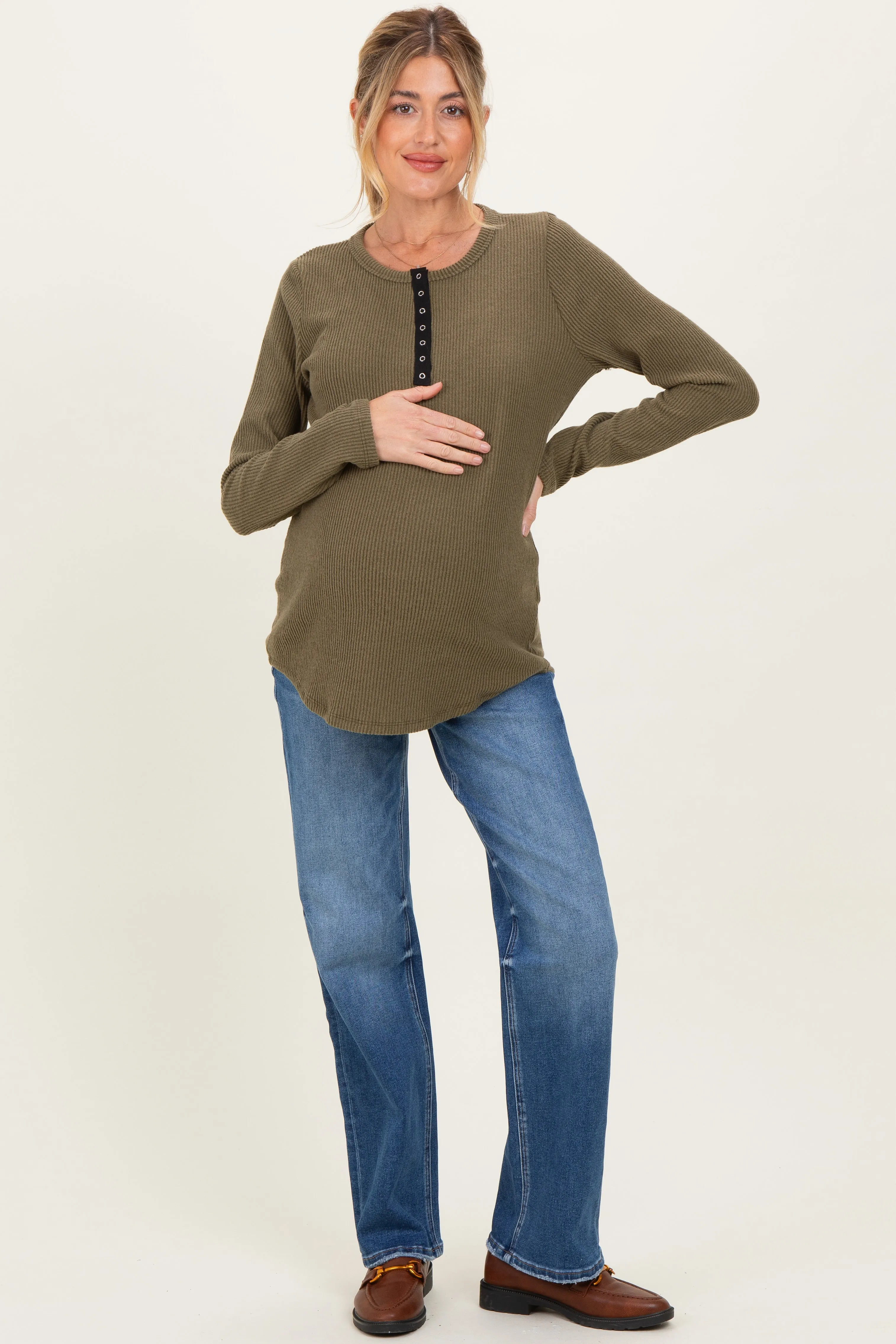 Olive Contrast Long Sleeve Maternity Thermal Top sold by Pinkblush product image thumbnail 2