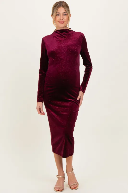 Burgundy Glitter Velvet Ruched Maternity Midi Dress sold by Pinkblush