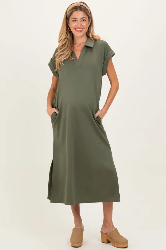Olive Collared Oversized Maternity Midi Dress sold by Pinkblush