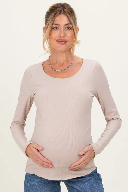 Beige Ribbed Long Sleeve Lettuce Trim Maternity Top sold by Pinkblush