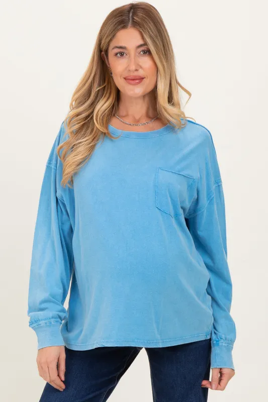 Aqua Oversized Washed Long Sleeve Pocket Maternity Top sold by Pinkblush