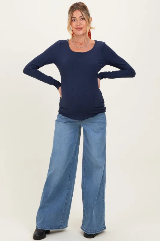 Blue Palazzo Wide Leg Maternity Jeans sold by Pinkblush