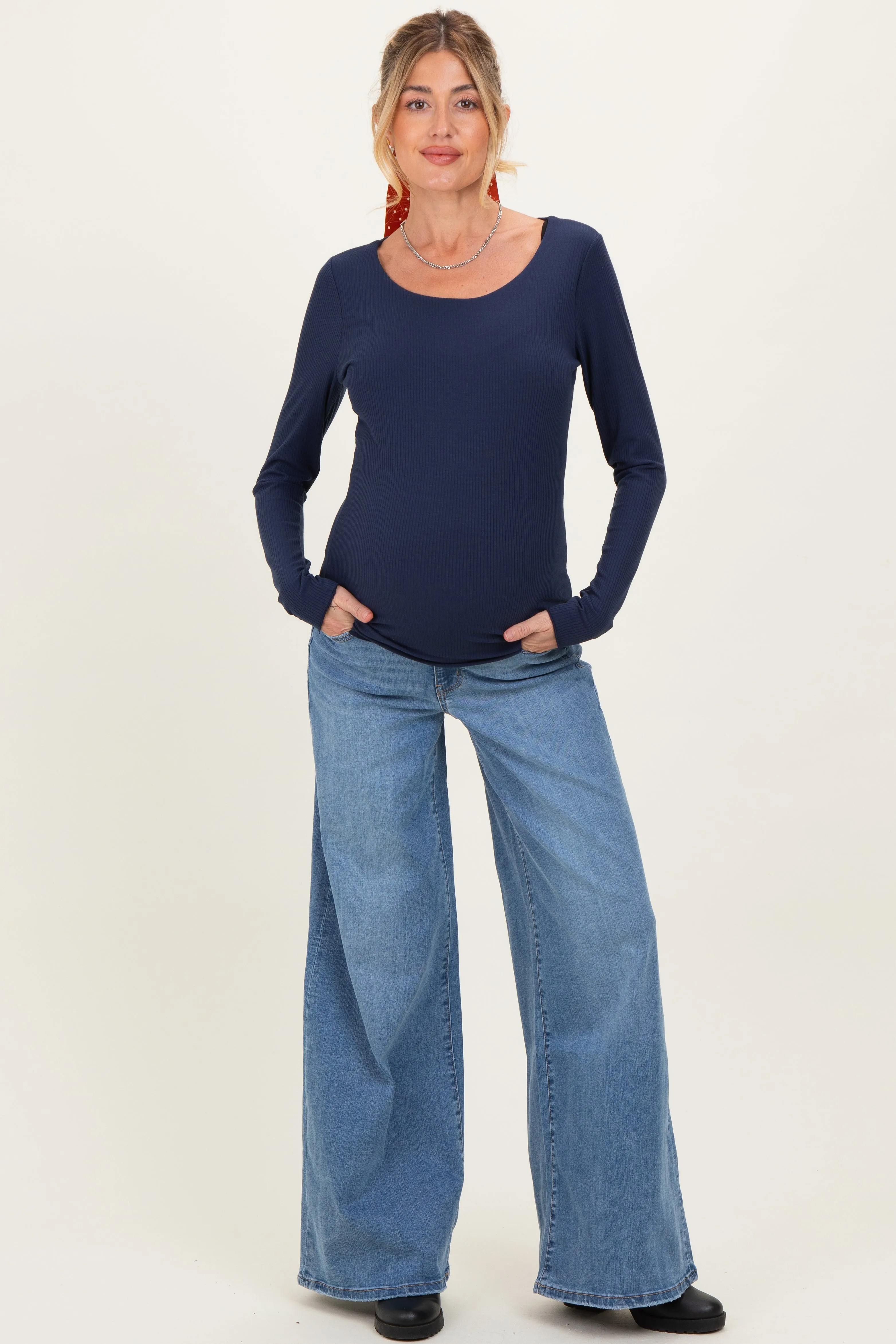Blue Palazzo Wide Leg Maternity Jeans sold by Pinkblush product image thumbnail 2