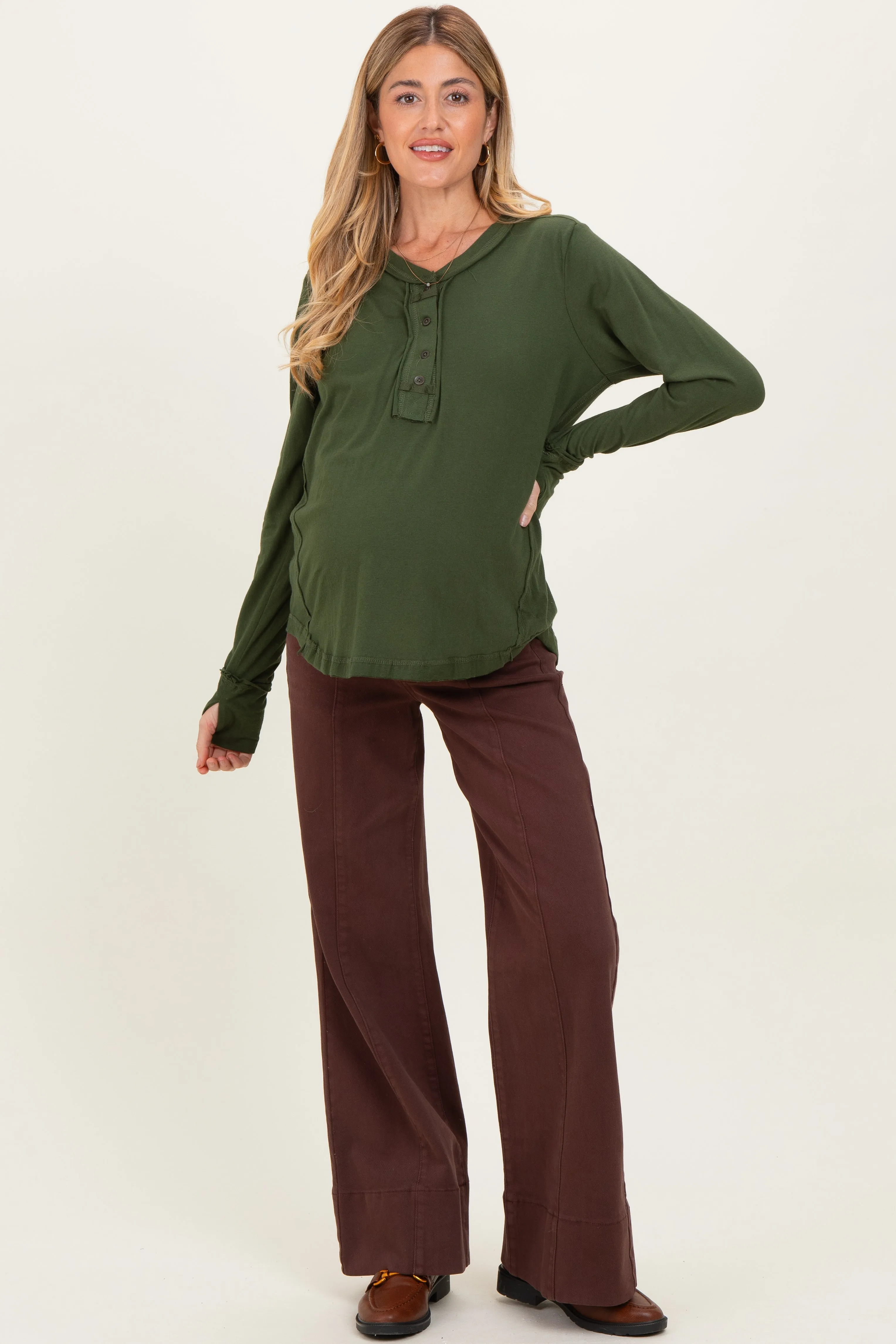 Army Olive Long Sleeve Exposed Seam Maternity Top sold by Pinkblush product image thumbnail 2