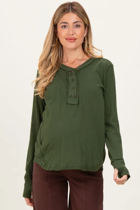 Army Olive Long Sleeve Exposed Seam Maternity Top sold by Pinkblush