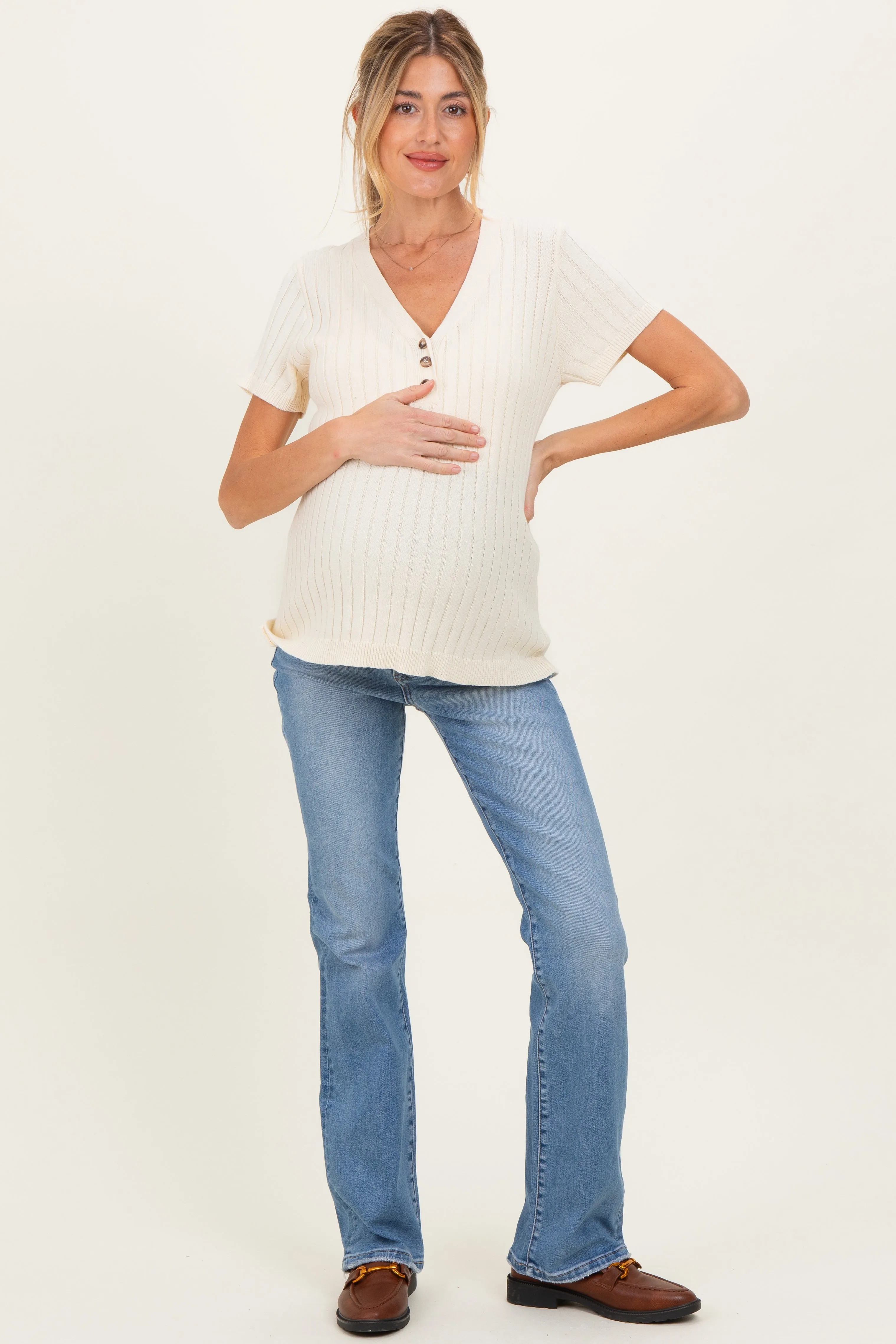 Light Blue Lightly Distressed Maternity Straight Leg Jeans sold by Pinkblush product image thumbnail 2