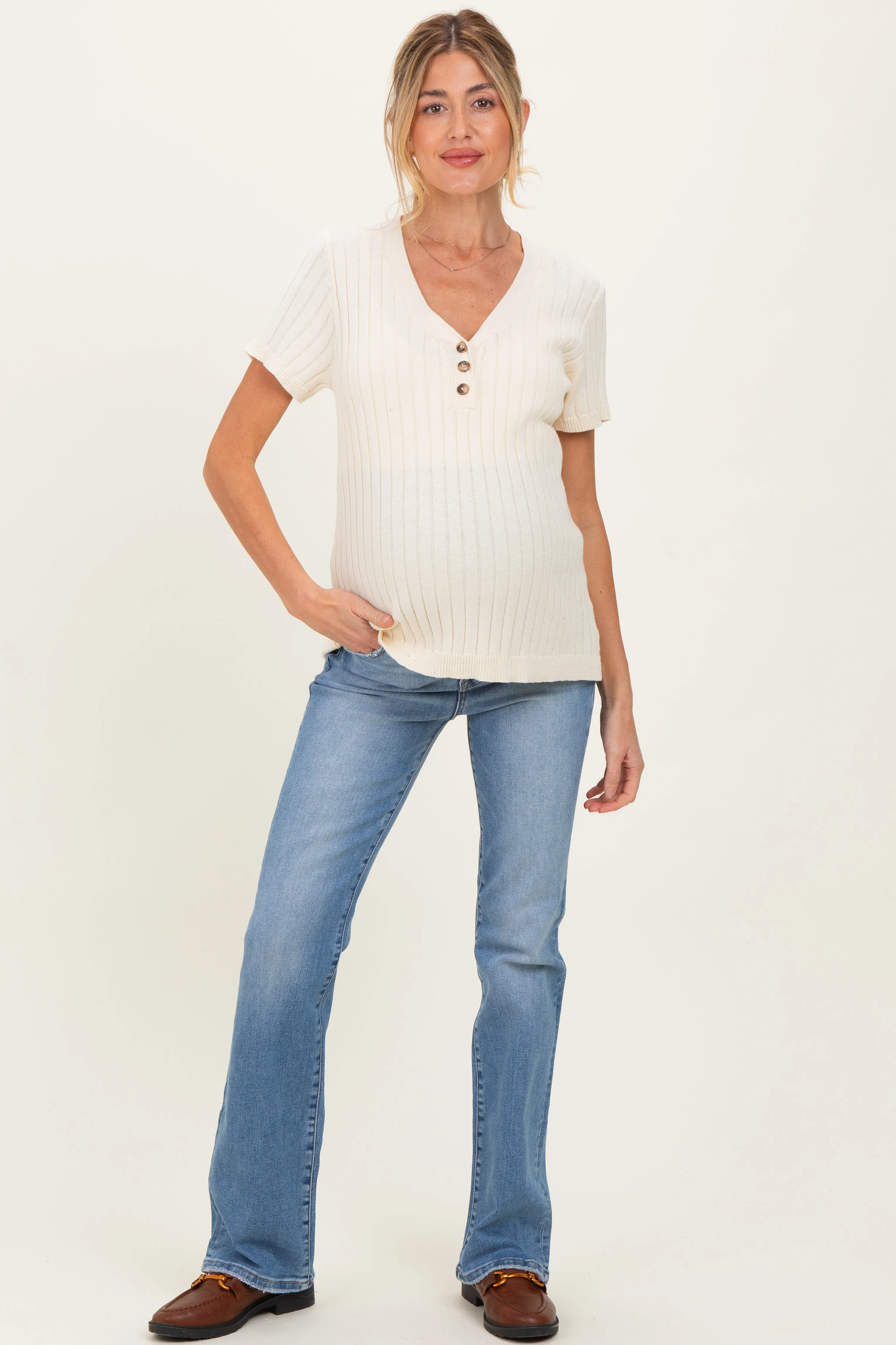Light Blue Lightly Distressed Maternity Straight Leg Jeans sold by Pinkblush