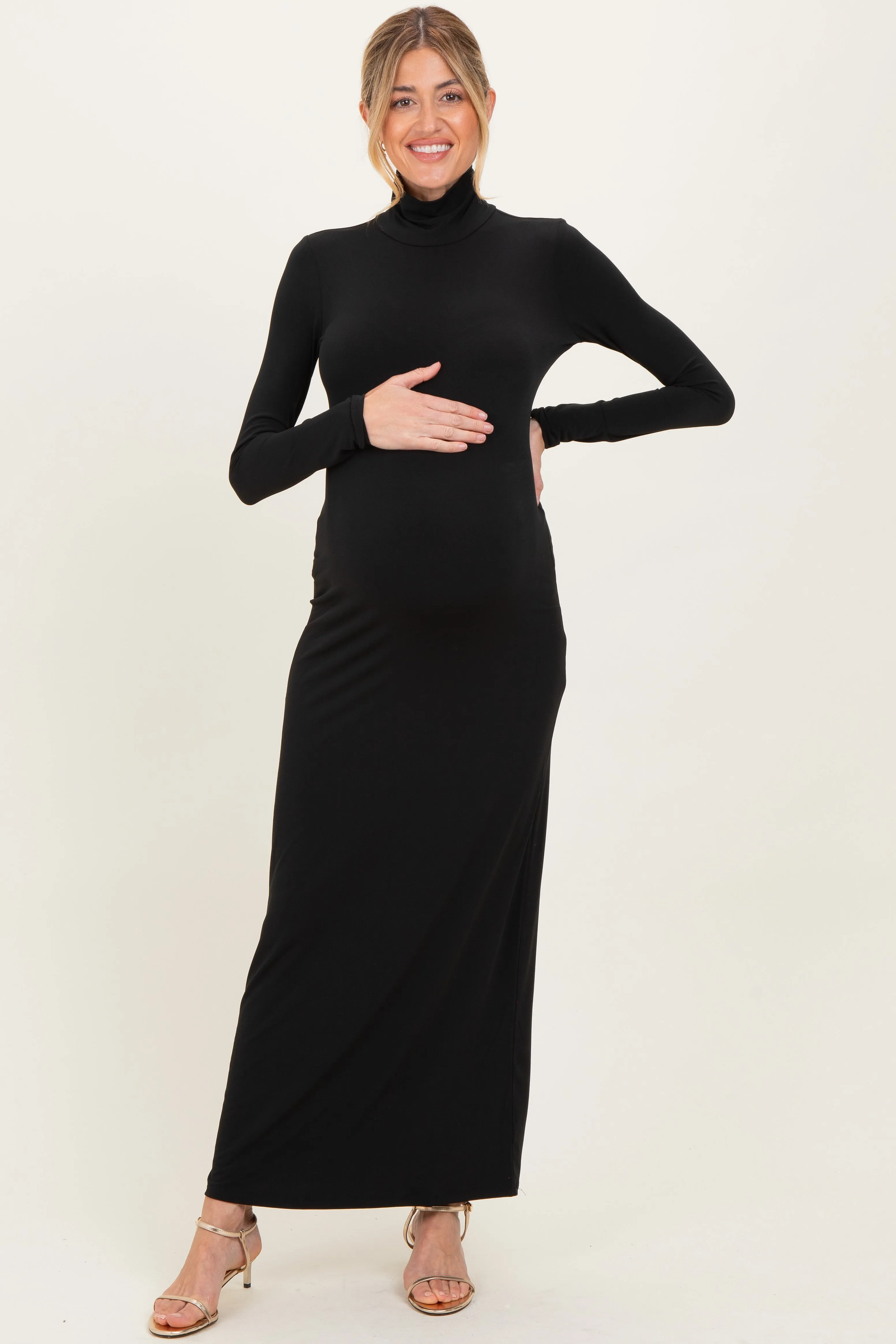 Black Turtleneck Long Sleeve Maternity Maxi Dress sold by Pinkblush product image thumbnail 2