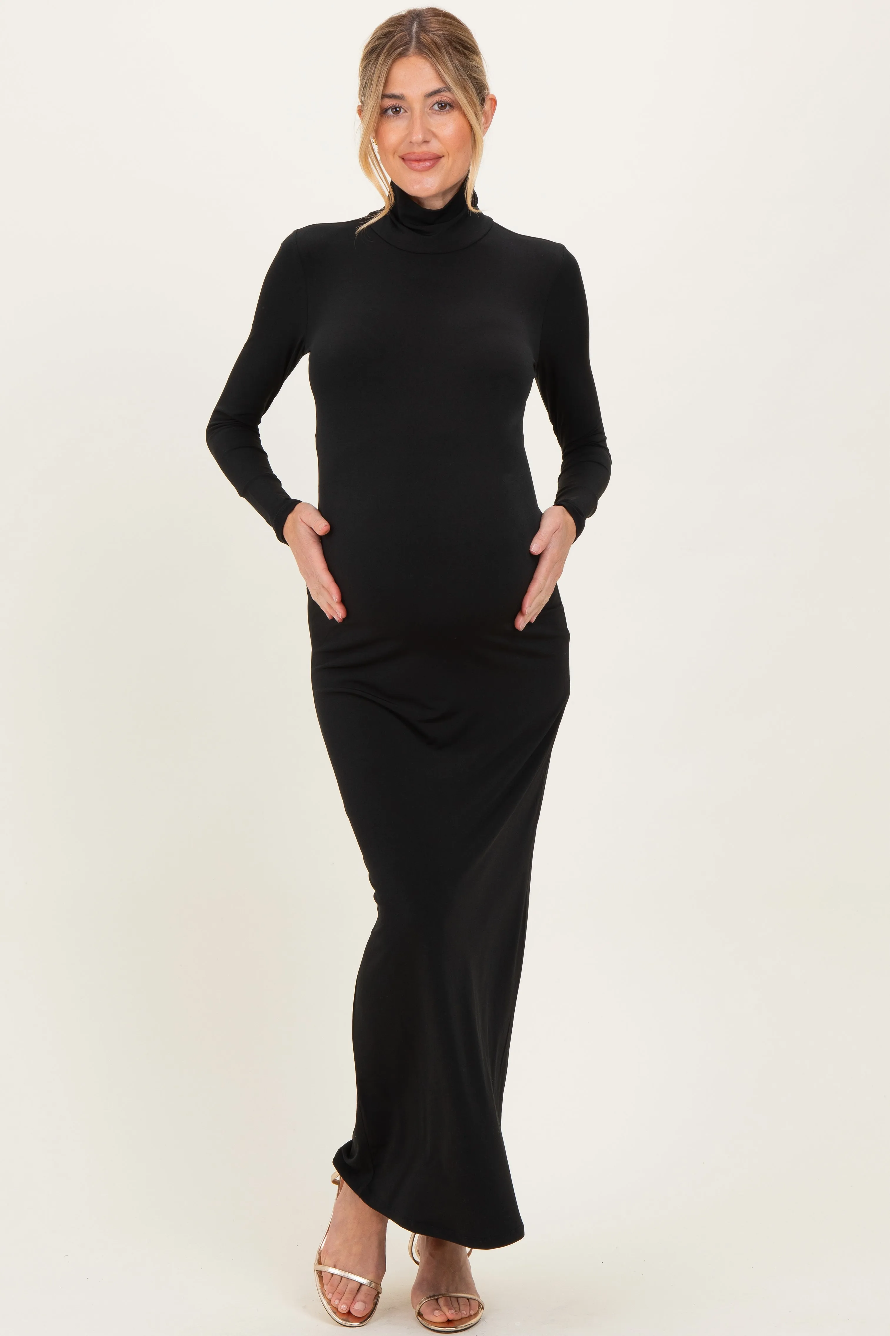 Black Turtleneck Long Sleeve Maternity Maxi Dress sold by Pinkblush
