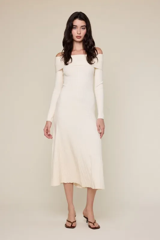 Ivory Off Shoulder Midi Sweater Dress sold by Pinkblush