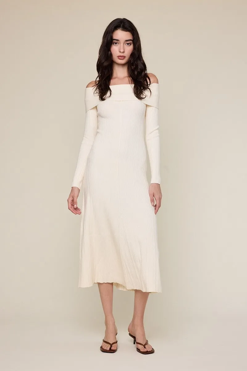 Ivory Off Shoulder Midi Sweater Dress sold by Pinkblush