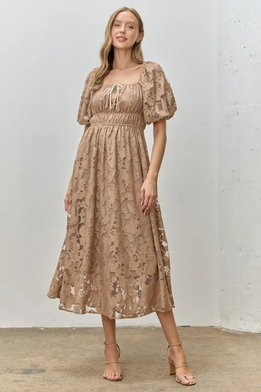 Mocha Lace Puff Sleeve Midi Dress sold by Pinkblush