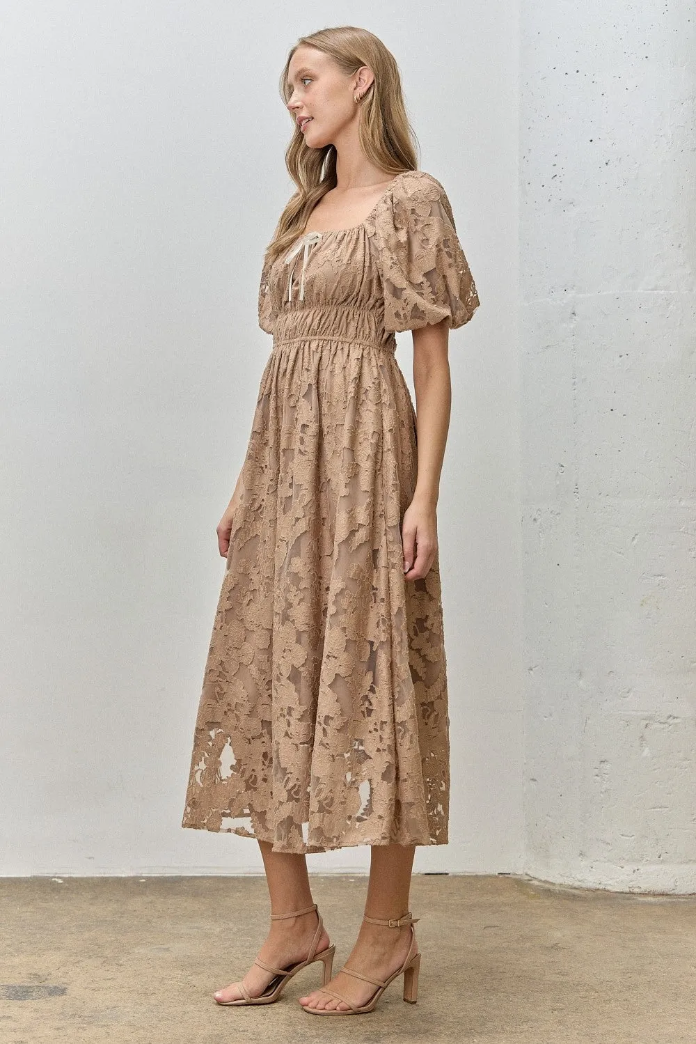 Mocha Lace Puff Sleeve Midi Dress sold by Pinkblush product image thumbnail 2