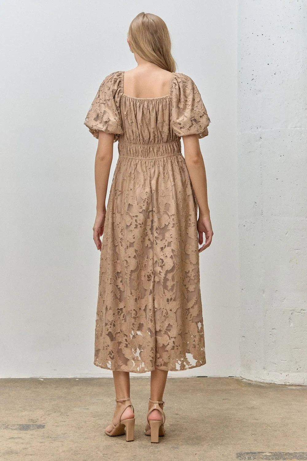 Mocha Lace Puff Sleeve Midi Dress sold by Pinkblush product image thumbnail 3