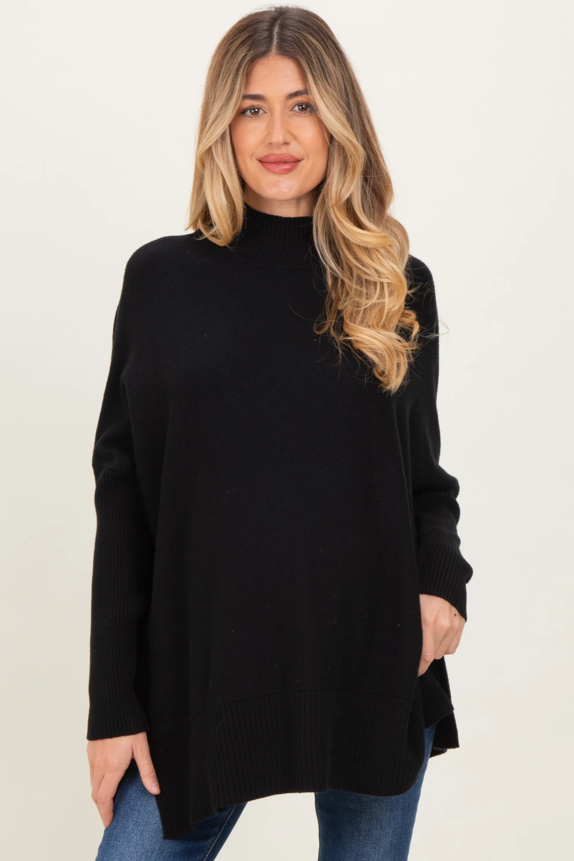 Black Mock Neck Oversized Sir Slit Maternity Sweater Top sold by Pinkblush