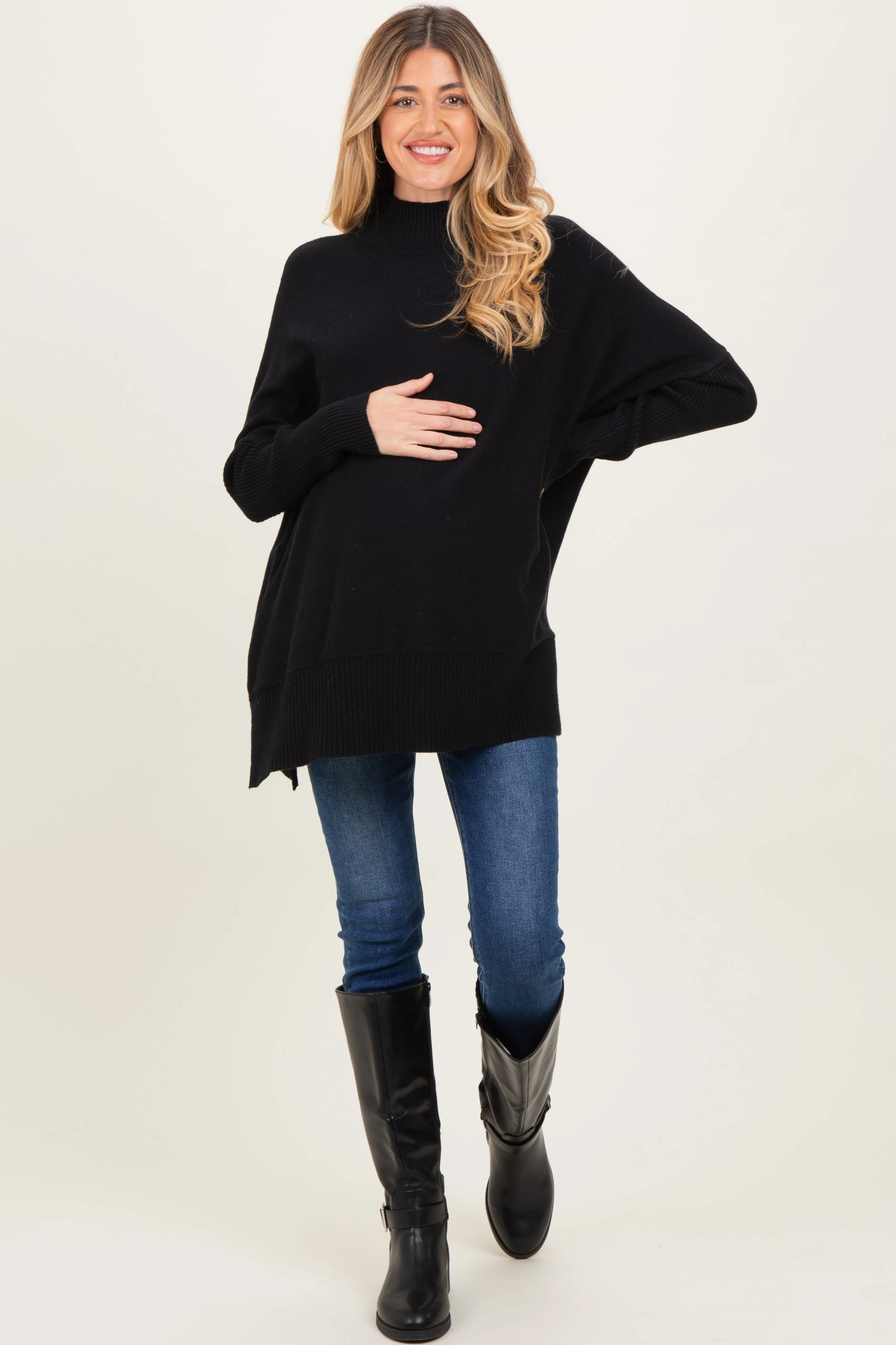 Black Mock Neck Oversized Sir Slit Maternity Sweater Top sold by Pinkblush product image thumbnail 2