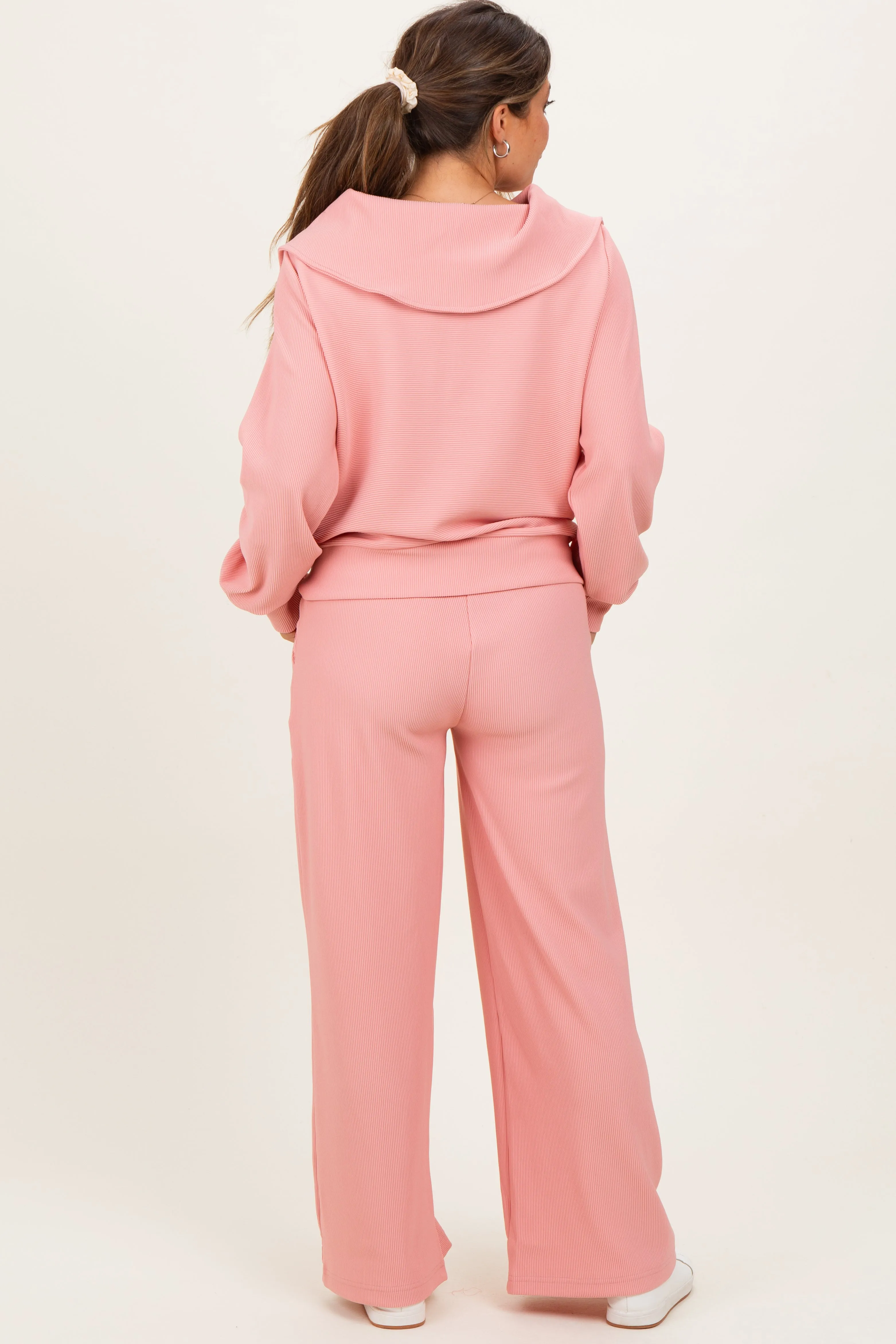 Peach Ribbed High Neck Half Zip Pullover Maternity Pant Set sold by Pinkblush product image thumbnail 4