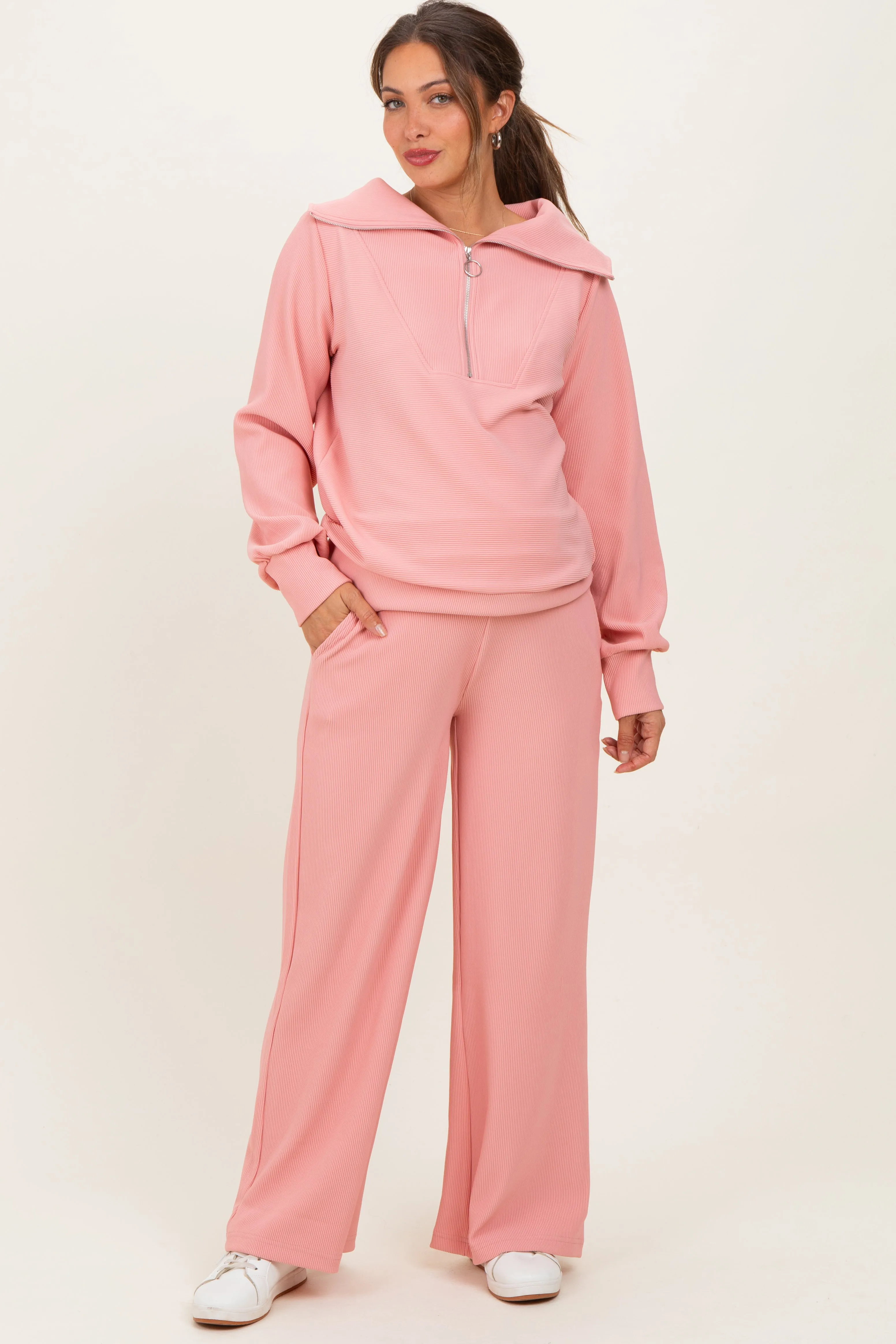 Peach Ribbed High Neck Half Zip Pullover Maternity Pant Set sold by Pinkblush
