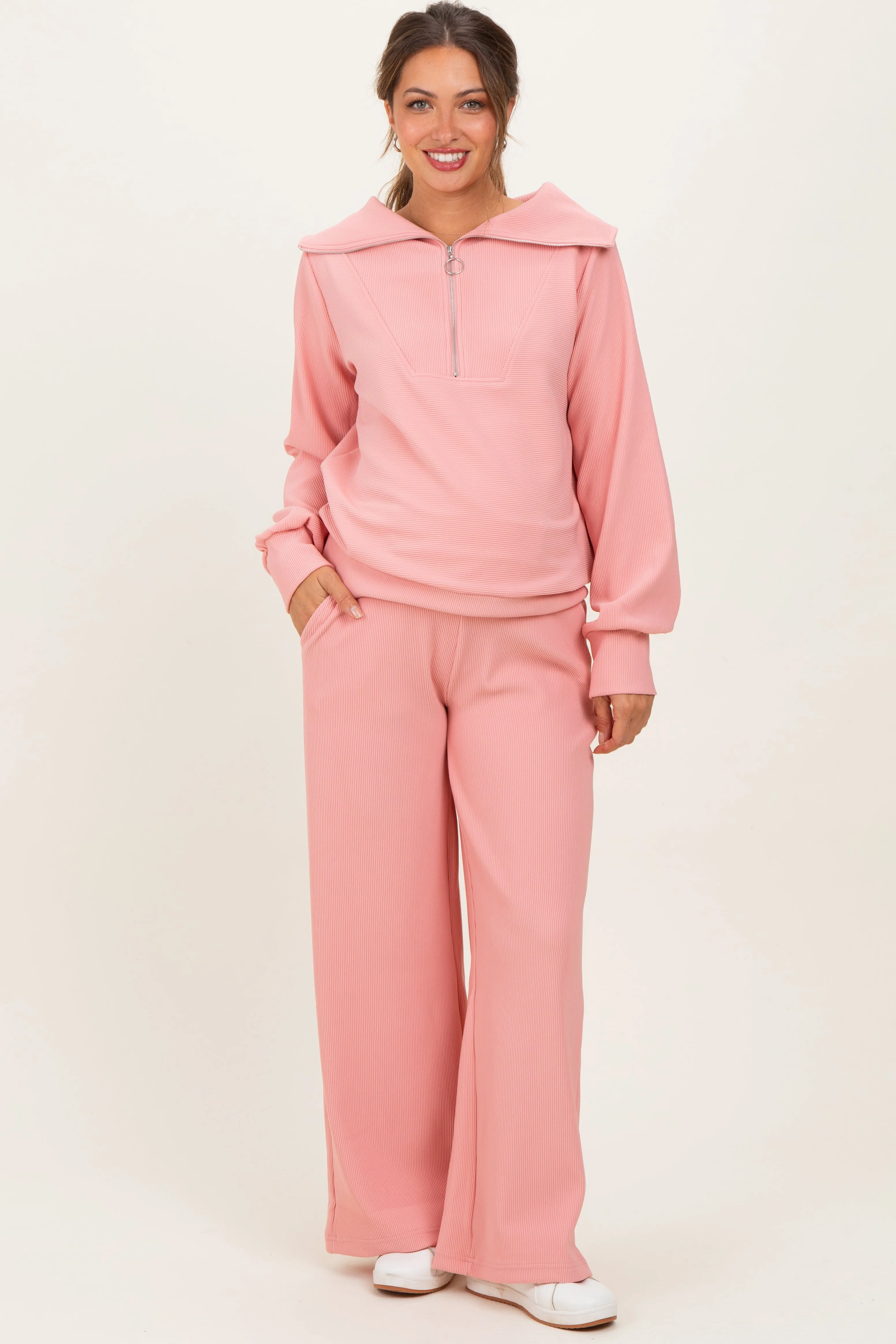 Peach Ribbed High Neck Half Zip Pullover Maternity Pant Set sold by Pinkblush product image thumbnail 2