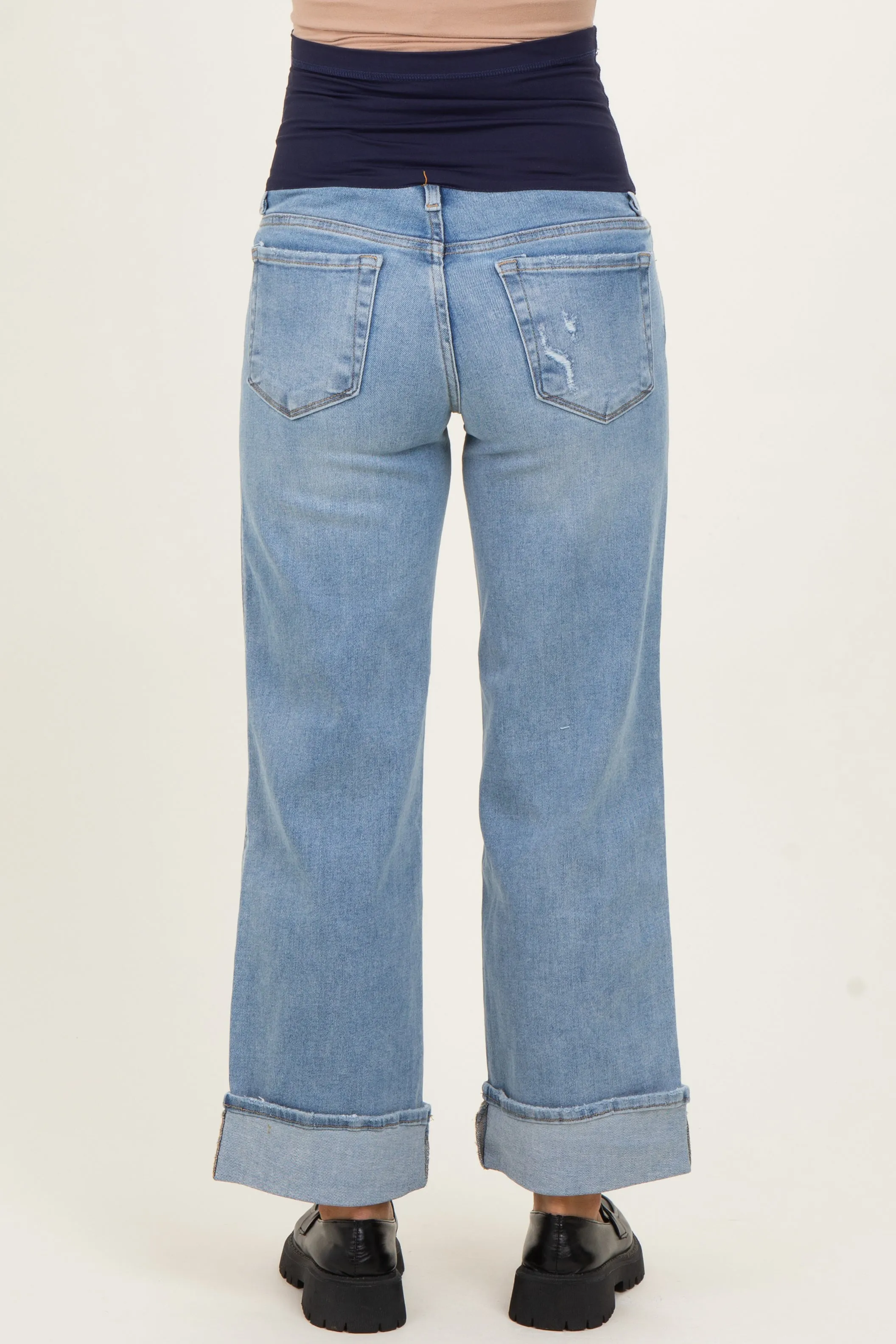 Light Blue Distressed Knee Cuffed Ankle Wide Leg Maternity Jeans sold by Pinkblush product image thumbnail 4