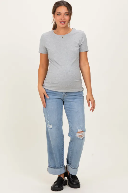 Light Blue Distressed Knee Cuffed Ankle Wide Leg Maternity Jeans made by Vervet