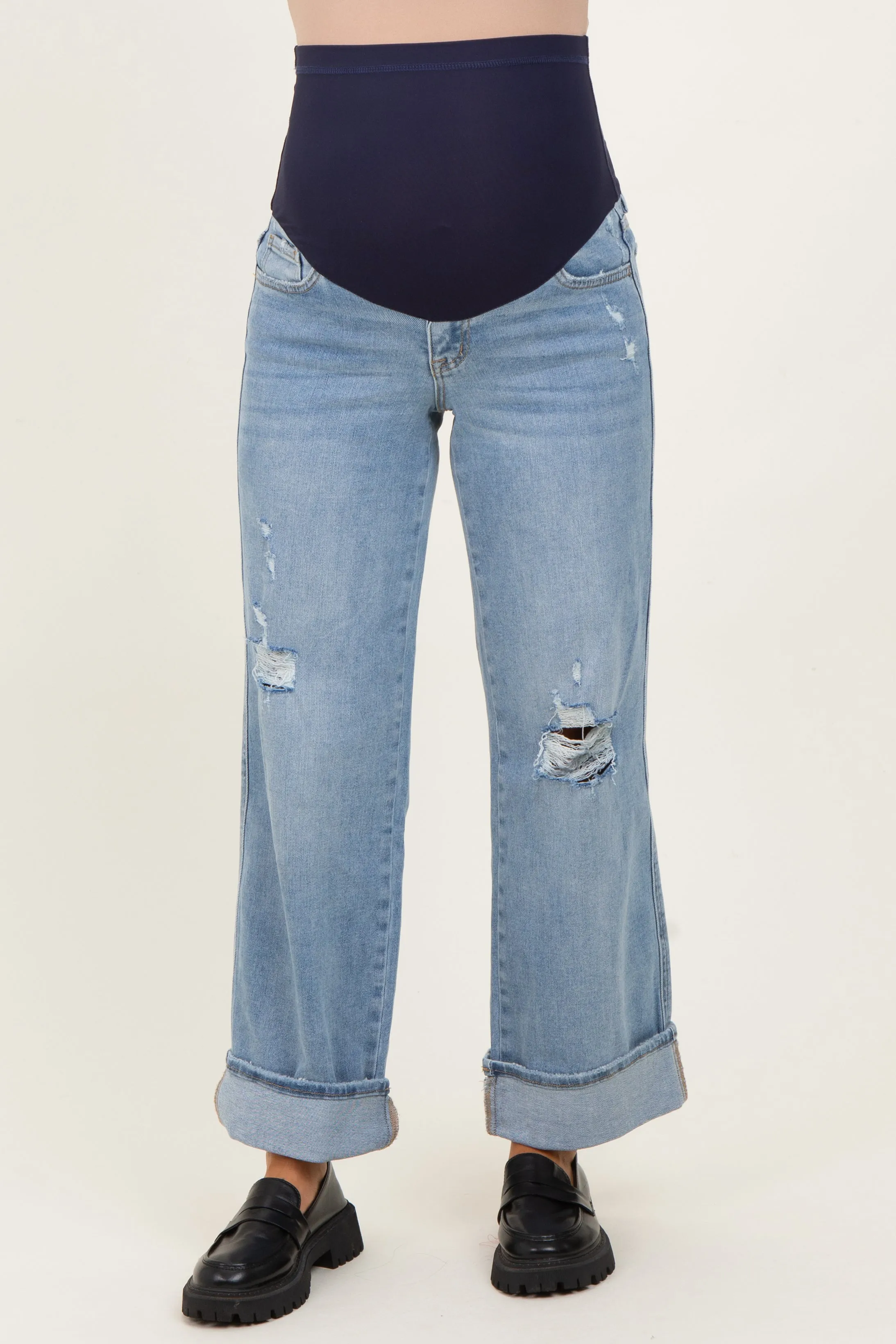 Light Blue Distressed Knee Cuffed Ankle Wide Leg Maternity Jeans sold by Pinkblush product image thumbnail 2