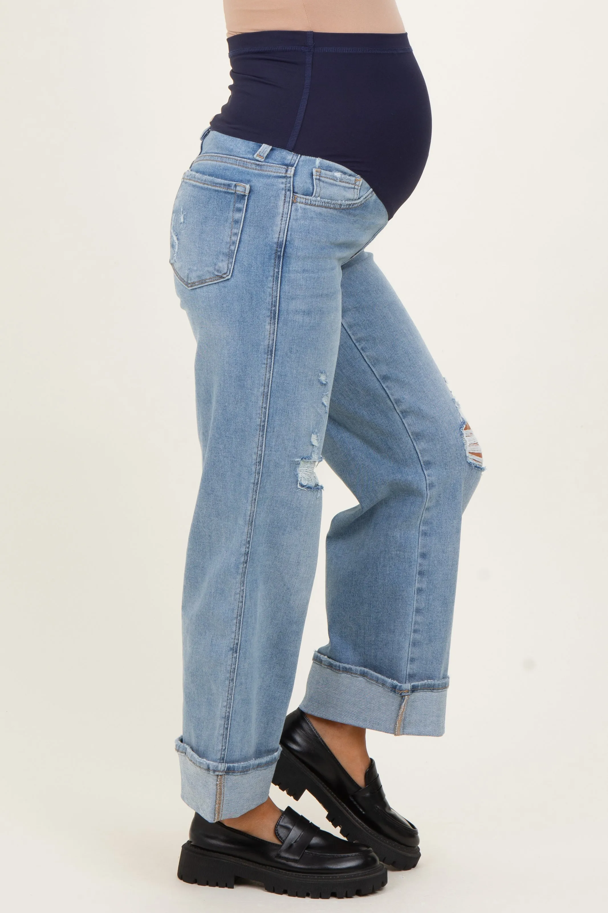 Light Blue Distressed Knee Cuffed Ankle Wide Leg Maternity Jeans sold by Pinkblush product image thumbnail 3