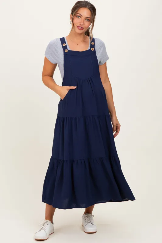 Navy Blue Button Sling Tiered Maternity Midi Dress sold by Pinkblush