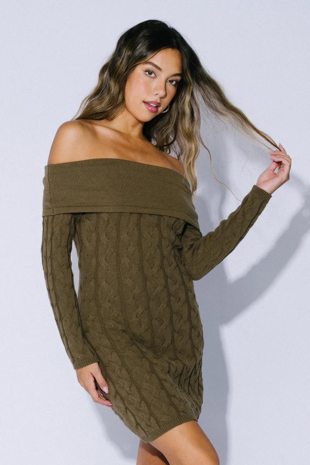 Olive Cable Knit Off Shoulder Mini Sweater Dress sold by Pinkblush product image thumbnail 2