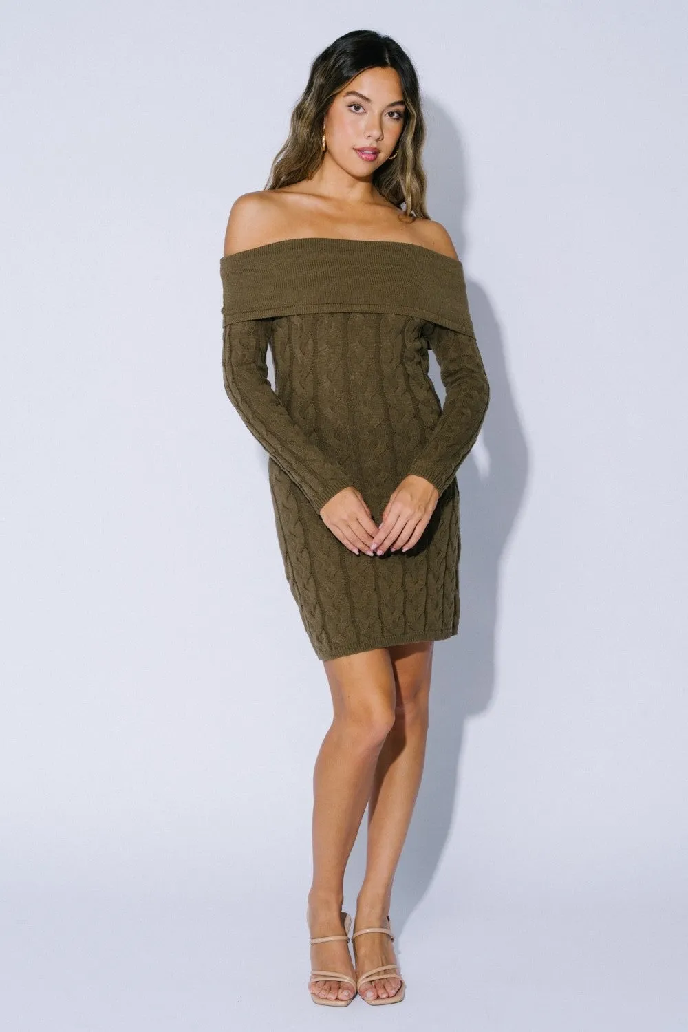 Olive Cable Knit Off Shoulder Mini Sweater Dress sold by Pinkblush product image thumbnail 4
