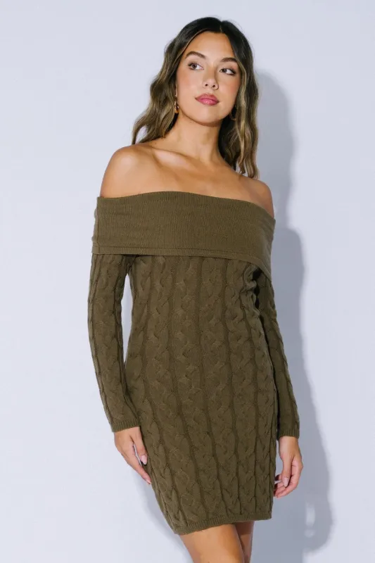 Olive Cable Knit Off Shoulder Mini Sweater Dress sold by Pinkblush