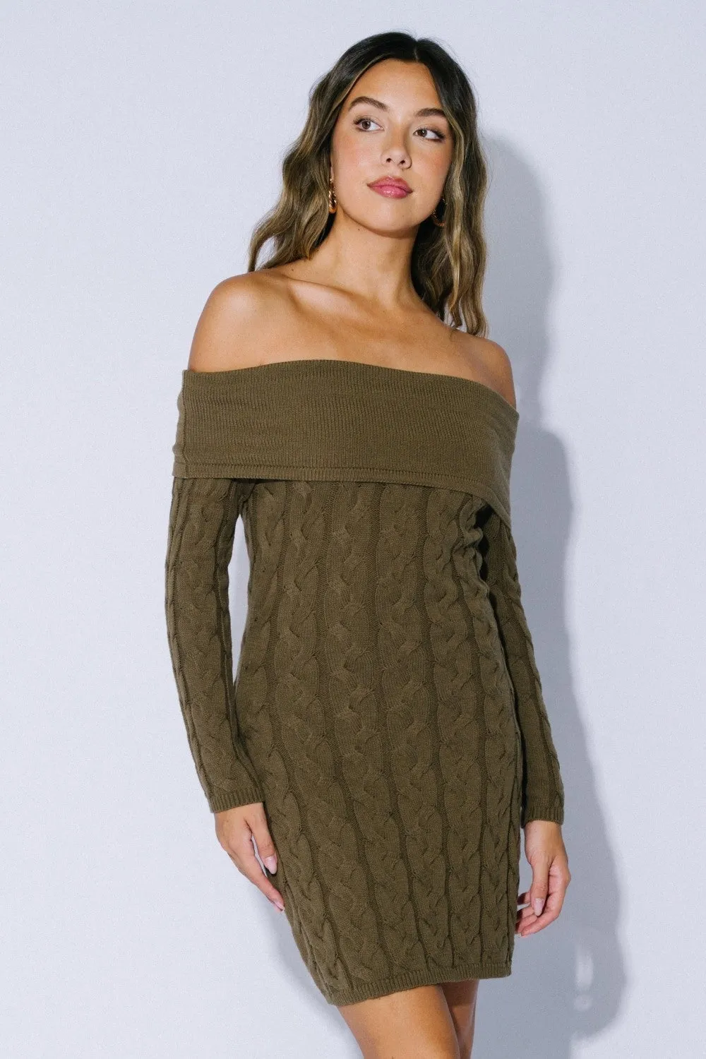 Olive Cable Knit Off Shoulder Mini Sweater Dress sold by Pinkblush