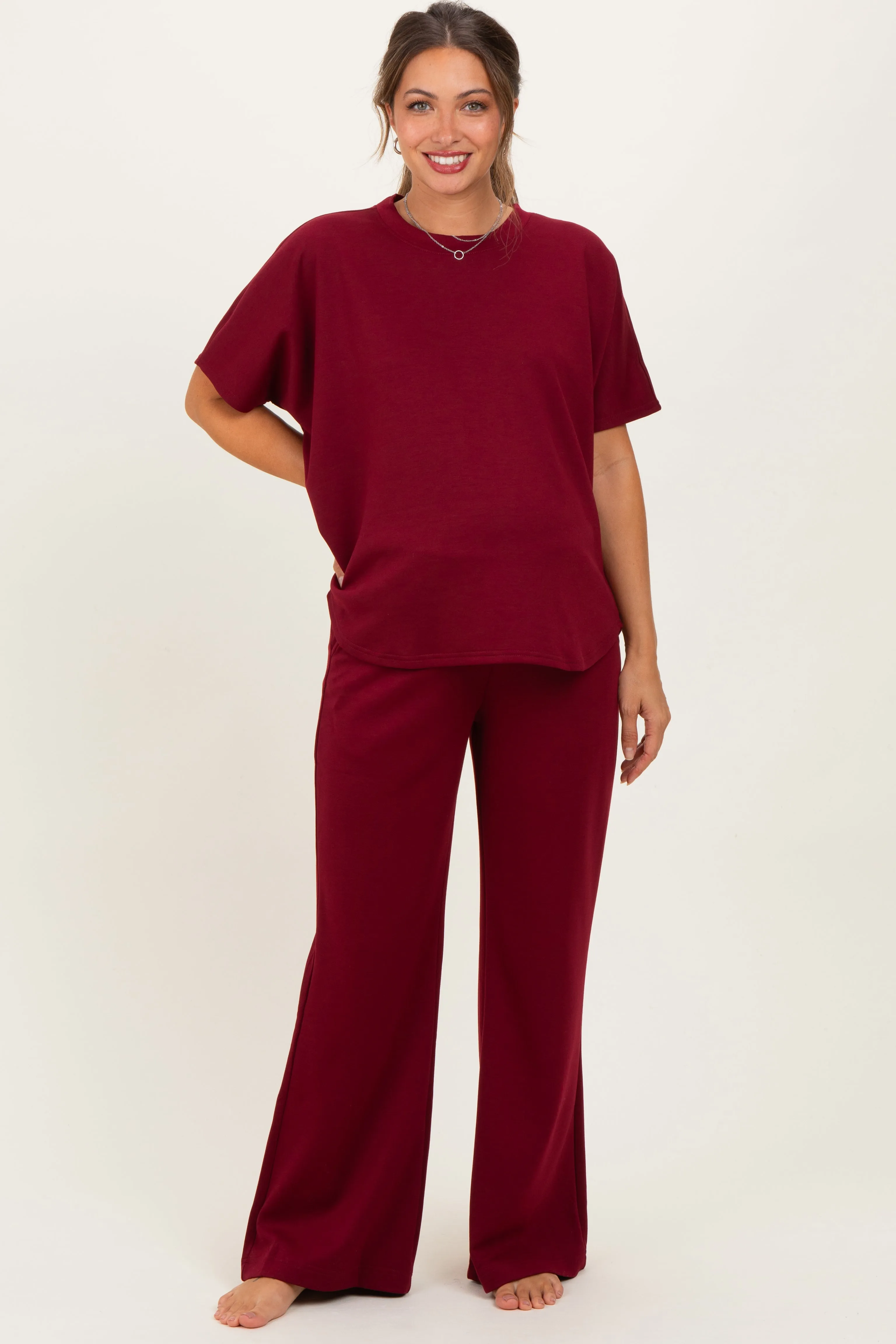 Burgundy Curved Hem Tee Pants Maternity Lounge Set sold by Pinkblush