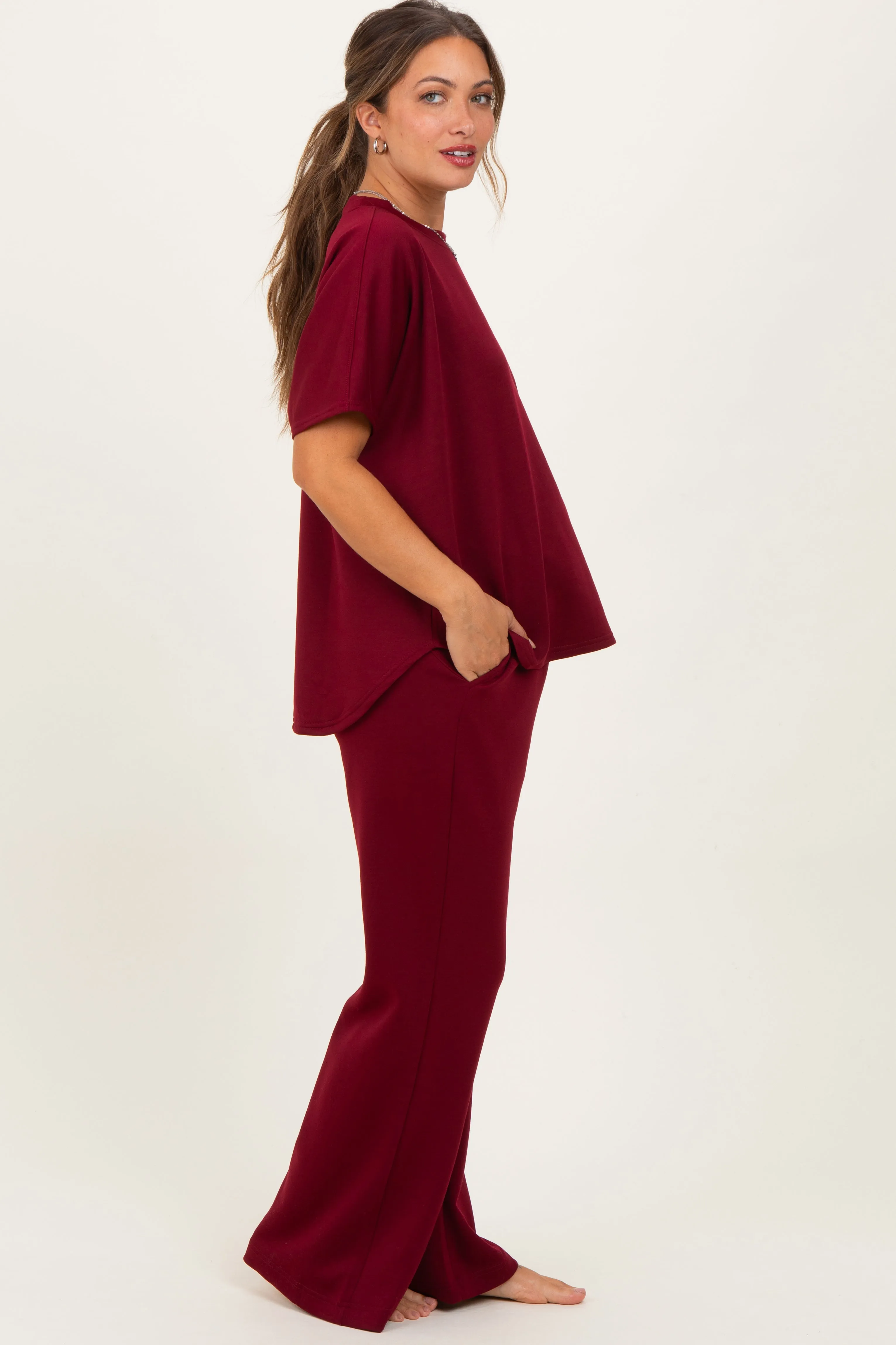 Burgundy Curved Hem Tee Pants Maternity Lounge Set sold by Pinkblush product image thumbnail 3