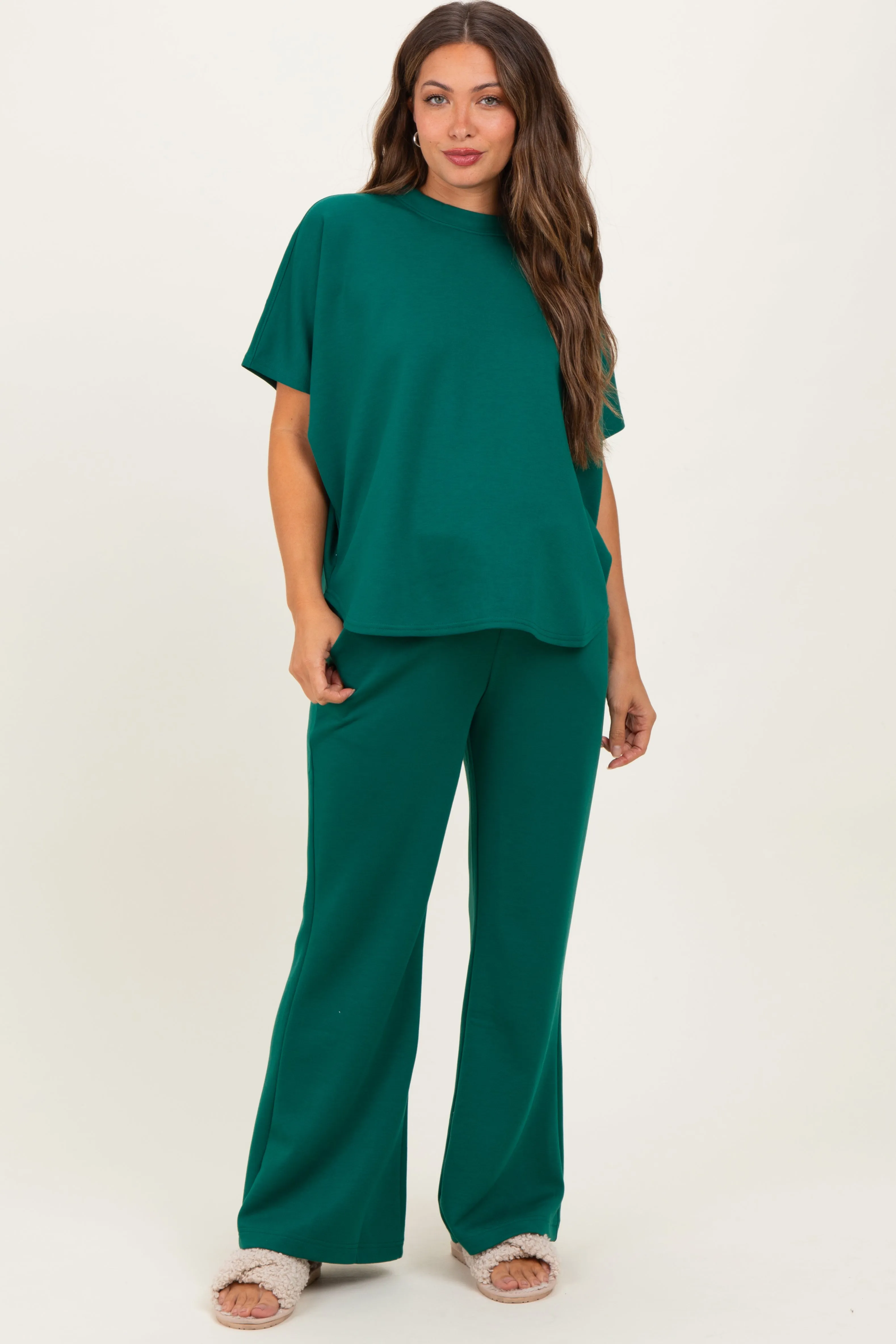 Hunter Green Curved Hem Tee Pants Maternity Lounge Set sold by Pinkblush