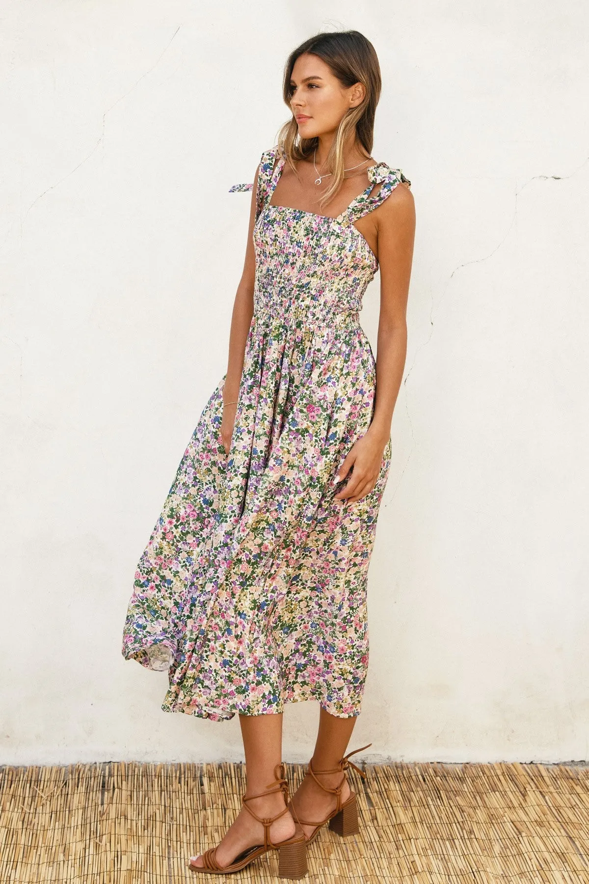 Pink Floral Smocked Shoulder Tie Midi Dress sold by Pinkblush product image thumbnail 2