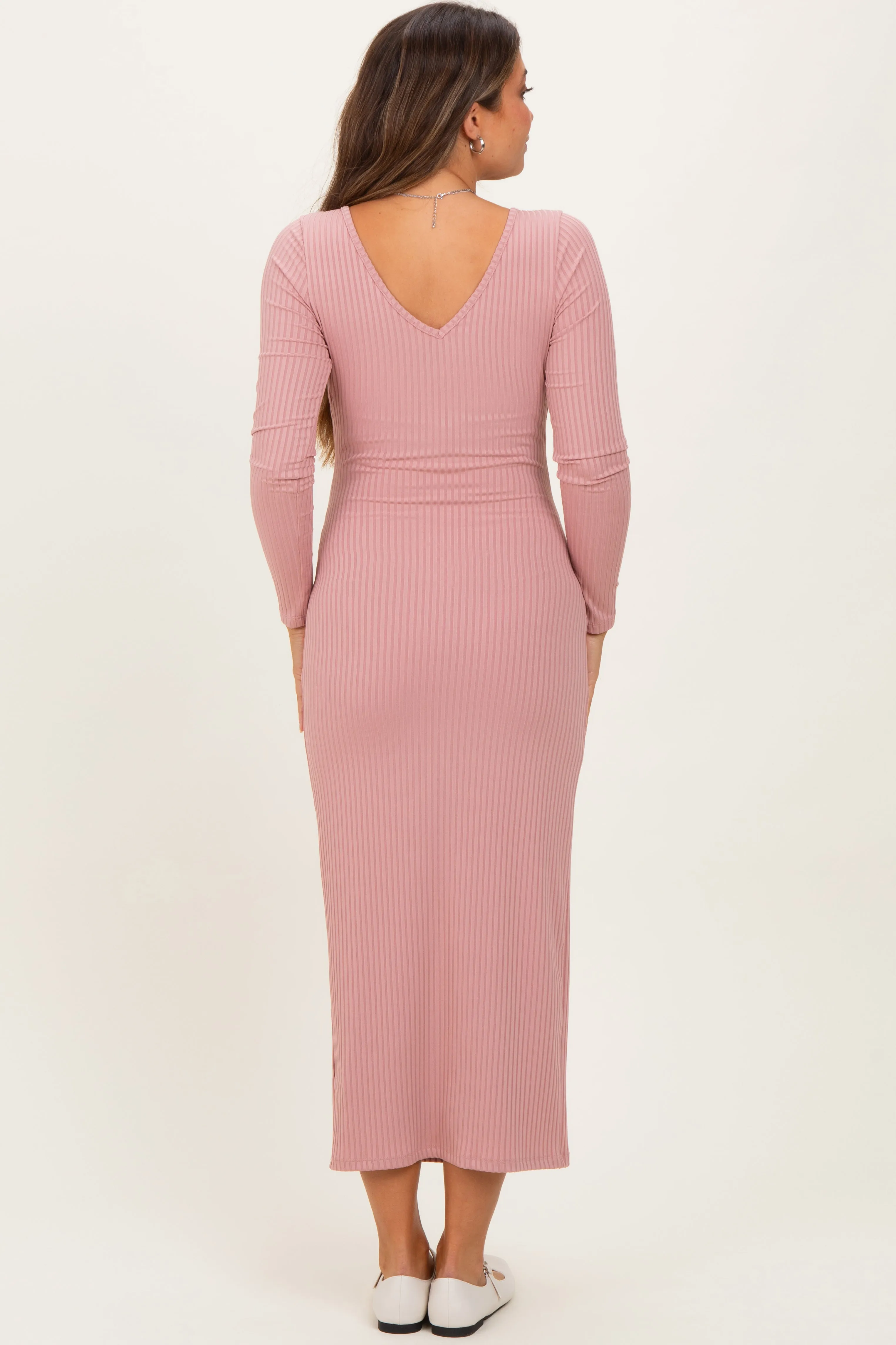 Mauve V-Neck Long Sleeve Fitted Maternity Maxi Dress sold by Pinkblush product image thumbnail 4
