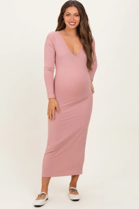 Mauve V-Neck Long Sleeve Fitted Maternity Maxi Dress sold by Pinkblush