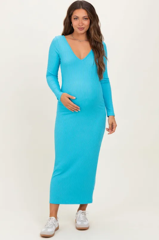 Sky Blue V-Neck Long Sleeve Fitted Maternity Maxi Dress sold by Pinkblush