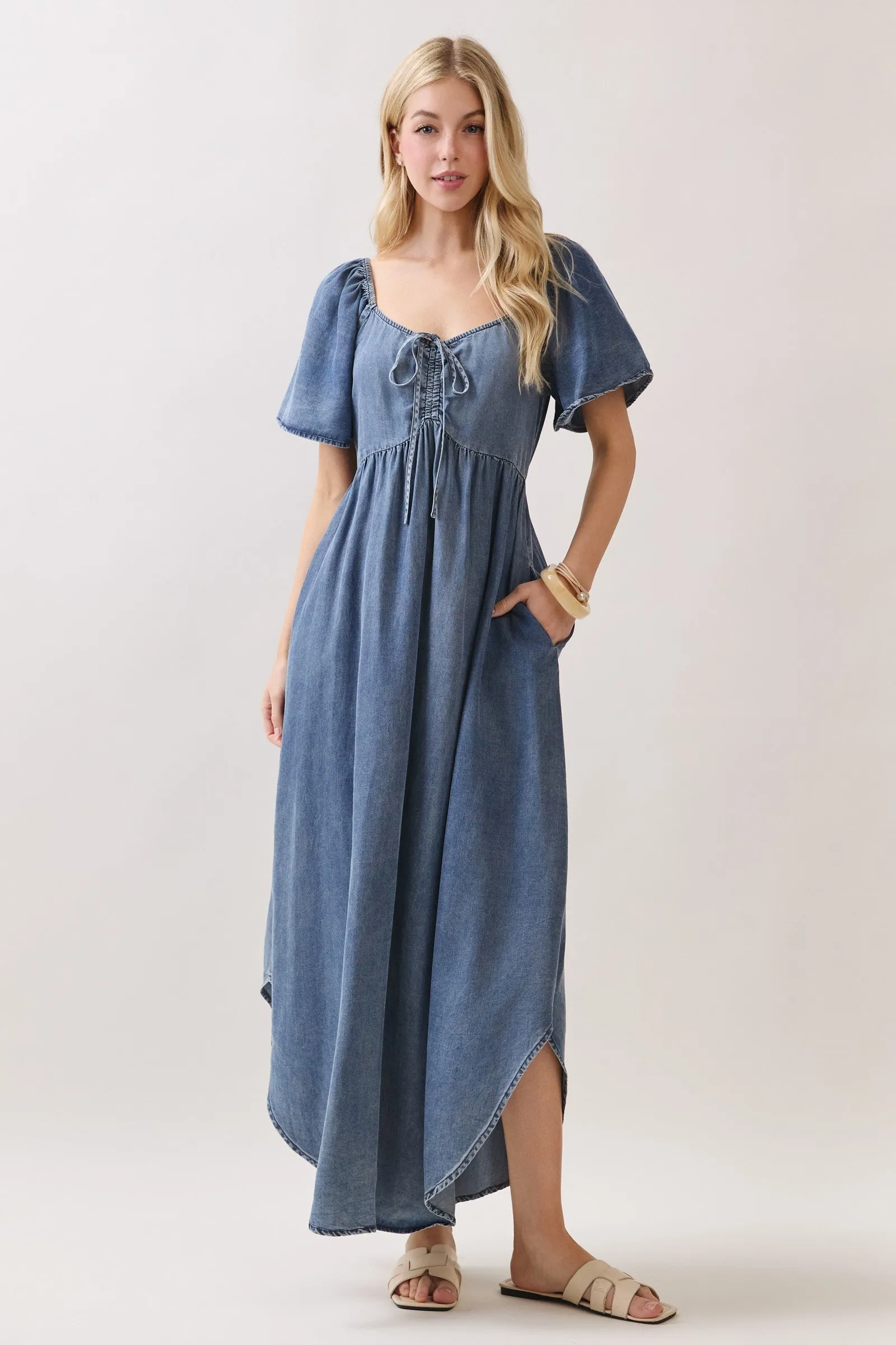 Blue Chambray Cinched Tie Bust Maxi Dress sold by Pinkblush