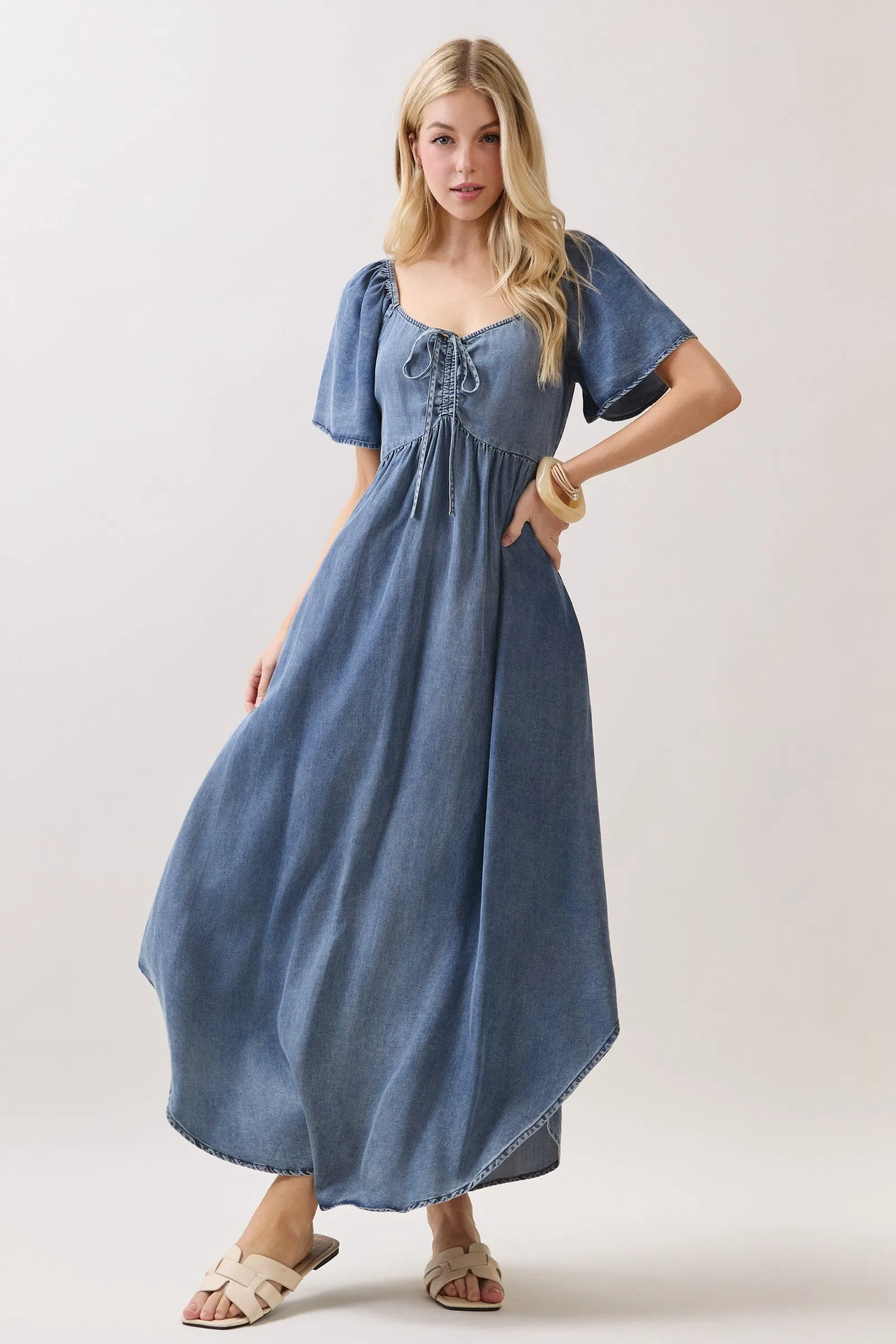 Blue Chambray Cinched Tie Bust Maxi Dress sold by Pinkblush product image thumbnail 2
