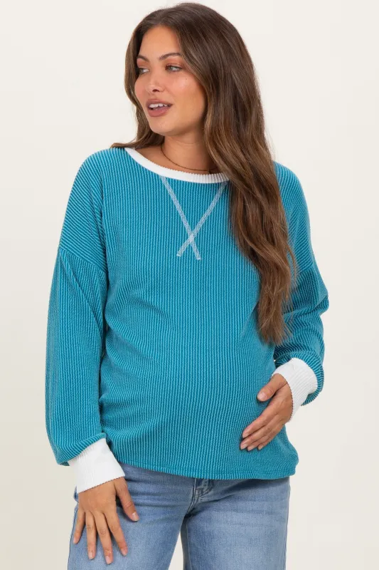 Teal Textured Rib Relaxed Fit Maternity Pullover Top sold by Pinkblush