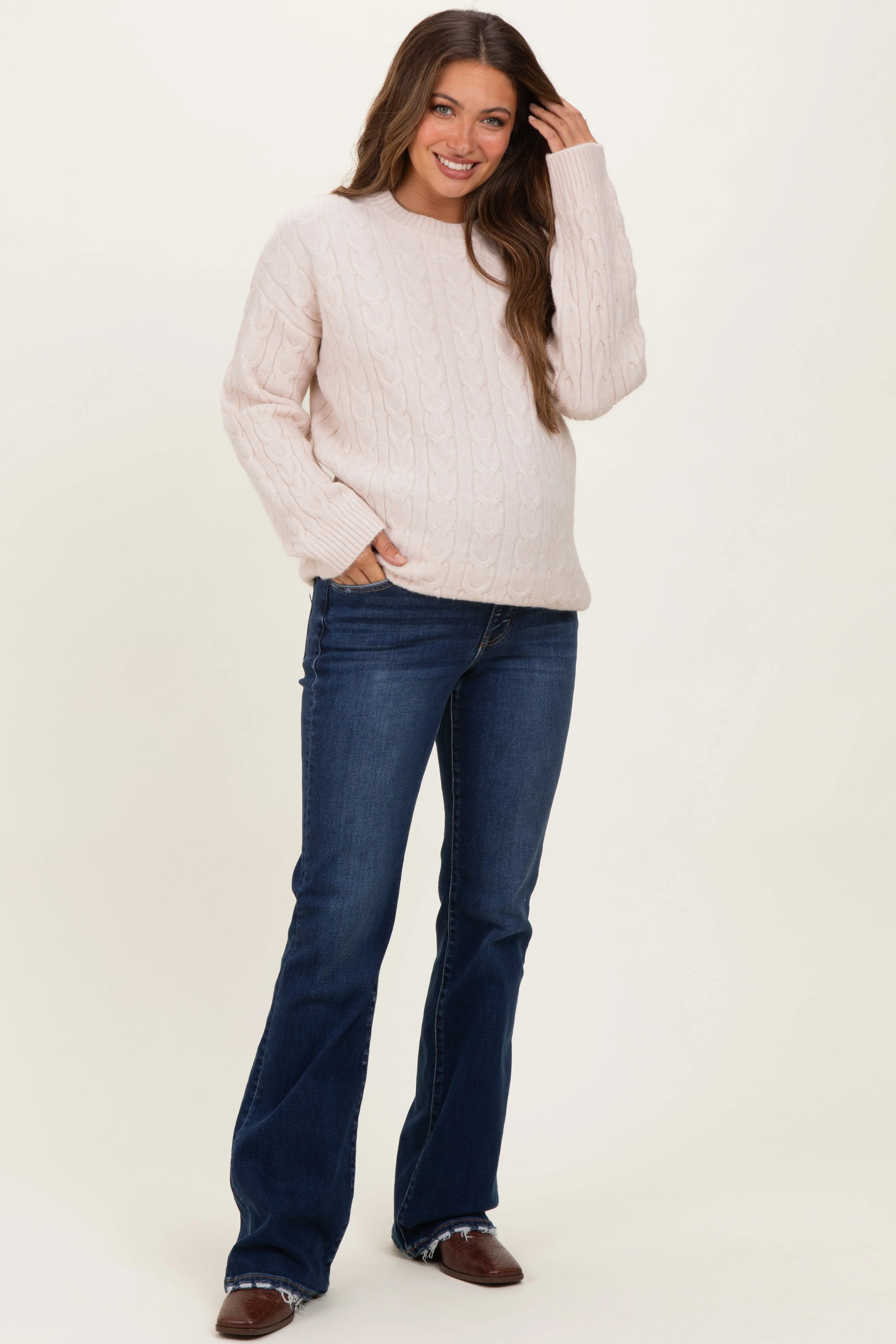 Beige Braid Knit Pattern Soft Fluffy Maternity Sweater Top sold by Pinkblush product image thumbnail 2