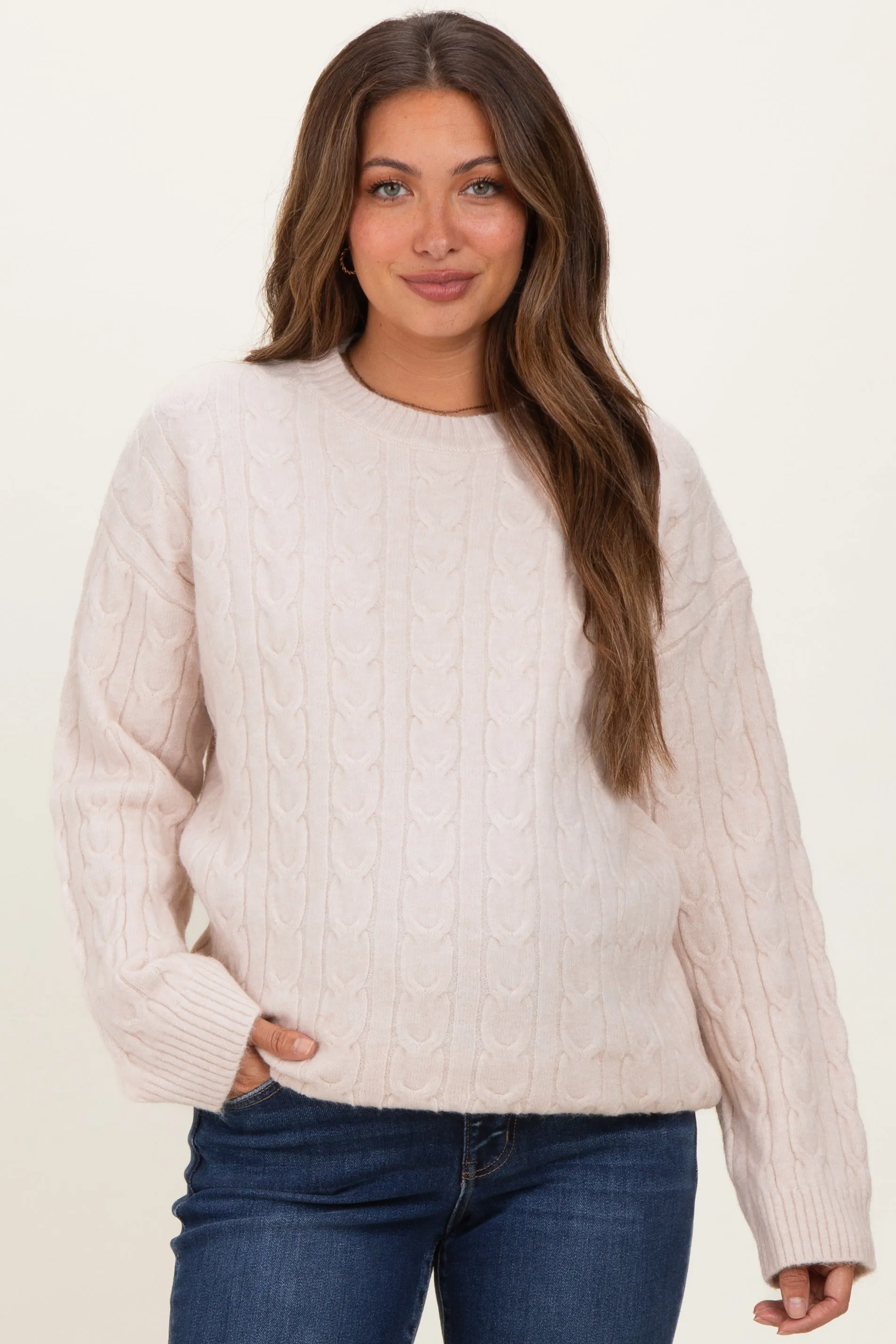 Beige Braid Knit Pattern Soft Fluffy Maternity Sweater Top sold by Pinkblush