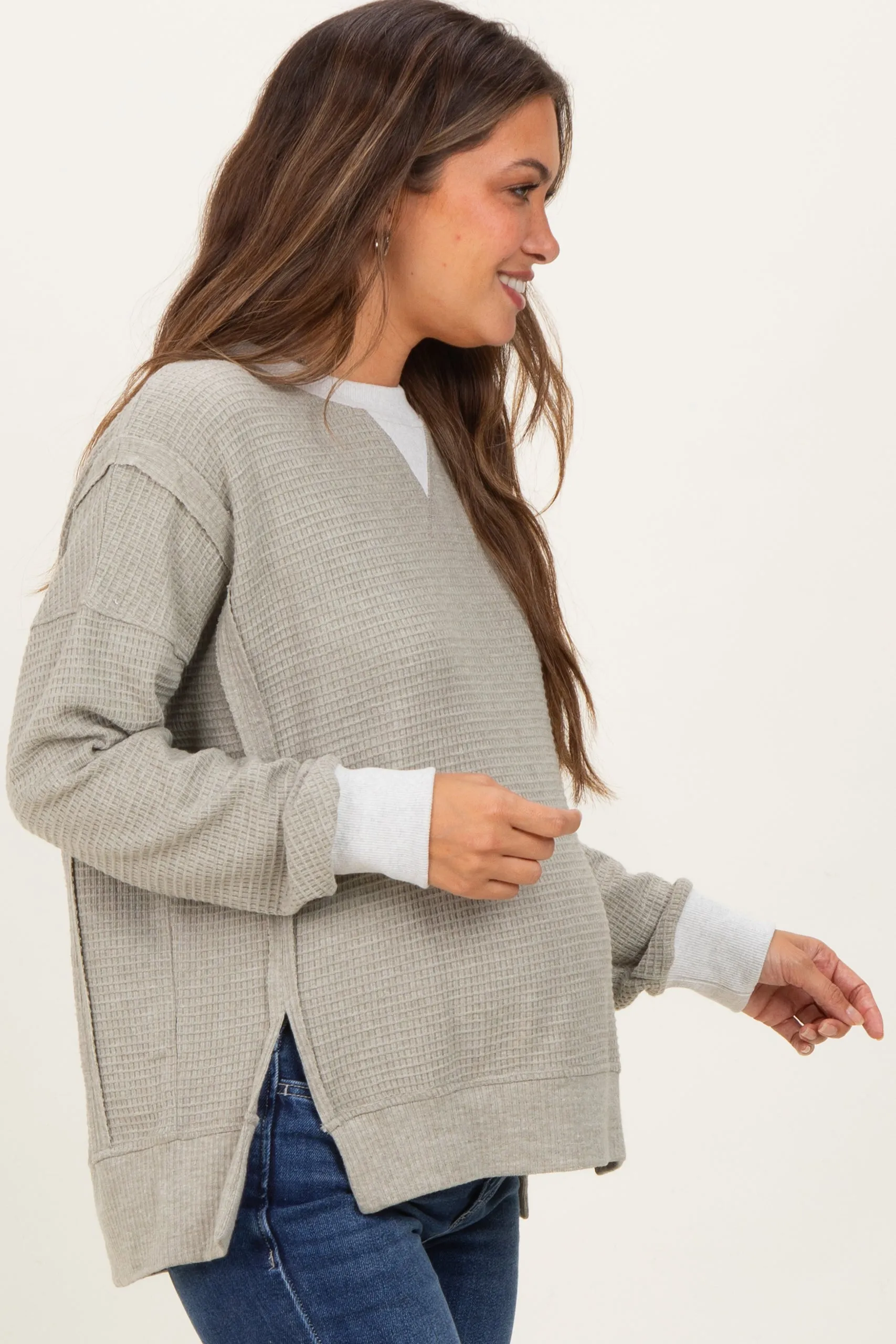 Light Olive Oversized Contrast Trim Maternity Thermal Pullover sold by Pinkblush product image thumbnail 3