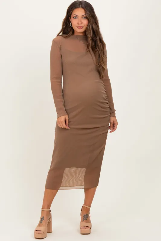 Mocha Shimmer Mesh Long Sleeve Ruched Maternity Midi Dress sold by Pinkblush