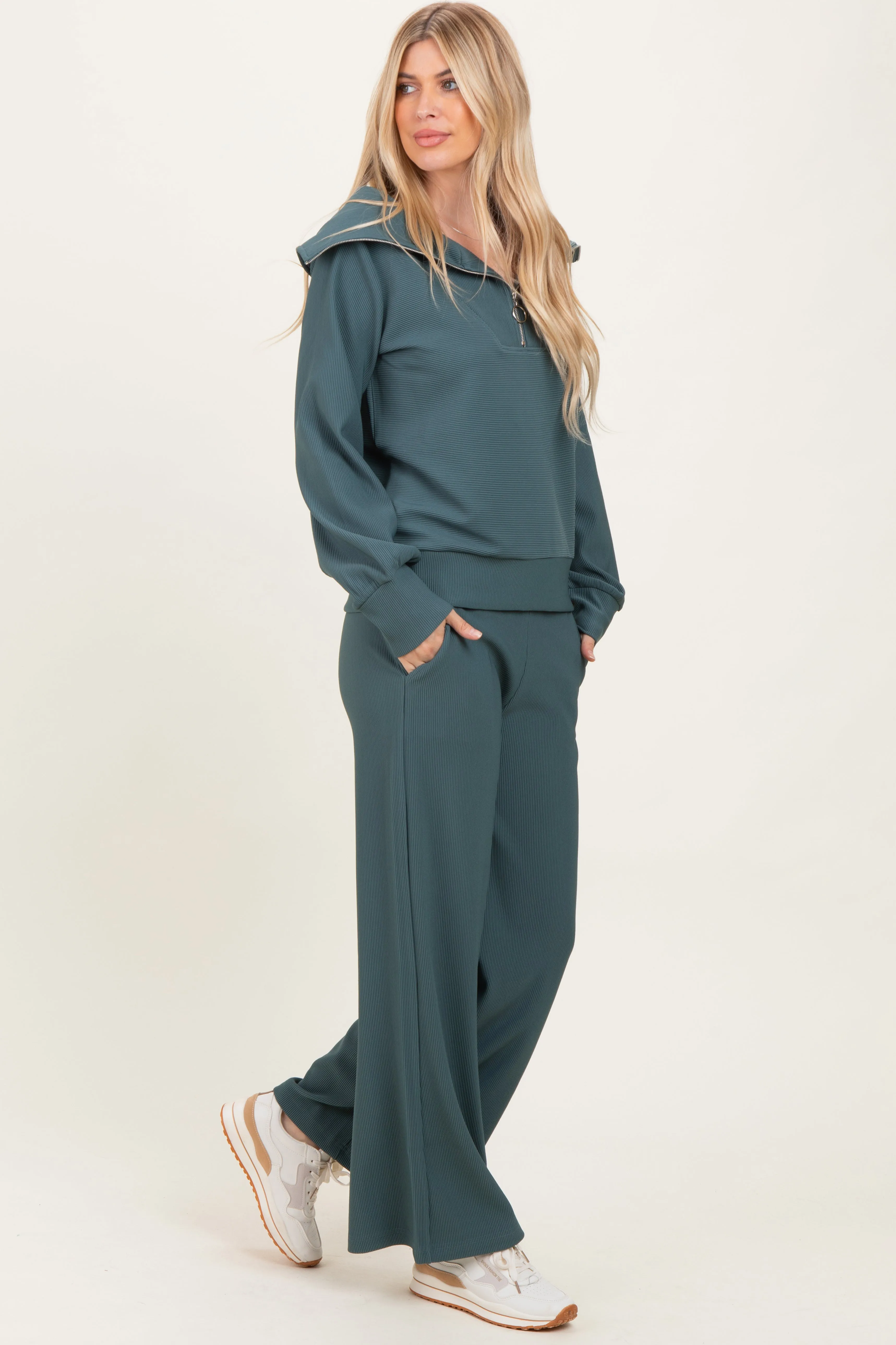Teal Ribbed High Neck Half Zip Pullover Pant Set sold by Pinkblush product image thumbnail 3